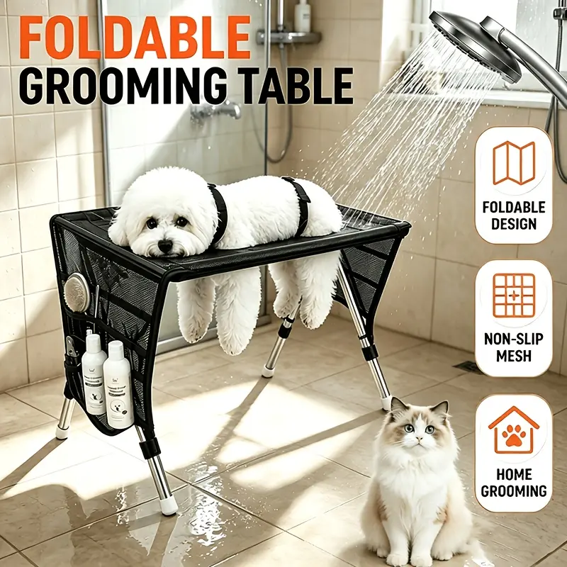 Foldable Dog And Cat Grooming Table With 2 Grooming Loops & Hammock, Heavy Duty Stainless Steel Pet Trimming Station, Non-Slip Surface With Storage Tray For Small Medium Dogs Cats Home Grooming Use