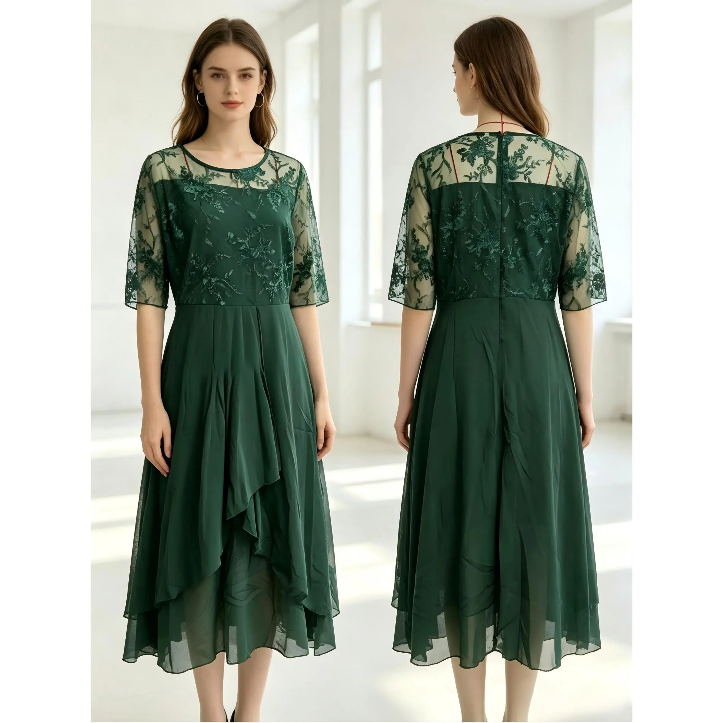 Women's Solid Ocean-Style Round Neck Short-Sleeve Chiffon Spliced Lace Hollow-Out Maxi Dress - Elegant Formal Bridesmaid Dress for Wedding, Evening Occasions