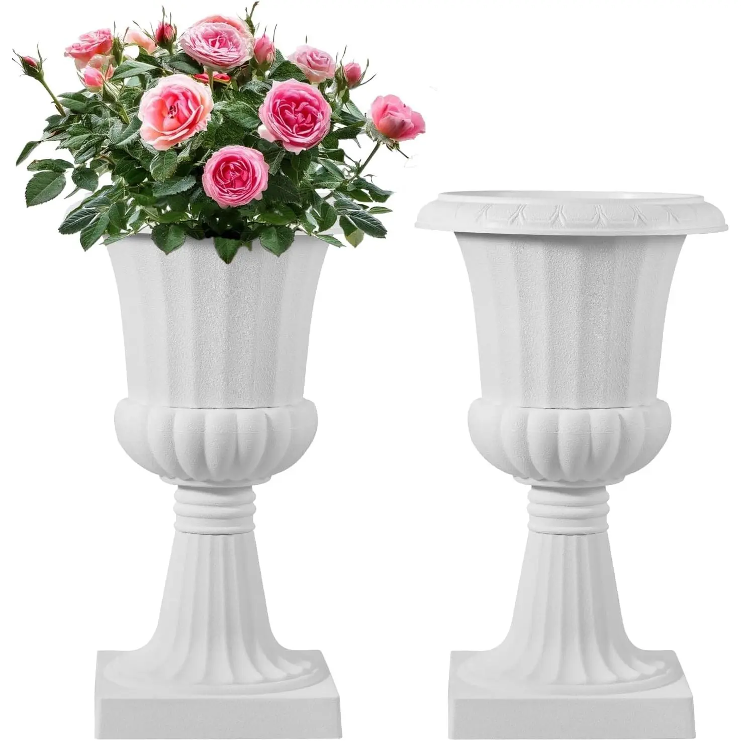 Plastic Urn Planters, 9.8 x 16.5 Inch, 2 Pack White Classic Flower Pots Front Porch Planters, Indoor & Outdoor Vase for Wedding, Party, Event, Home, Stage, Garden, Balcony, Patio Decoration