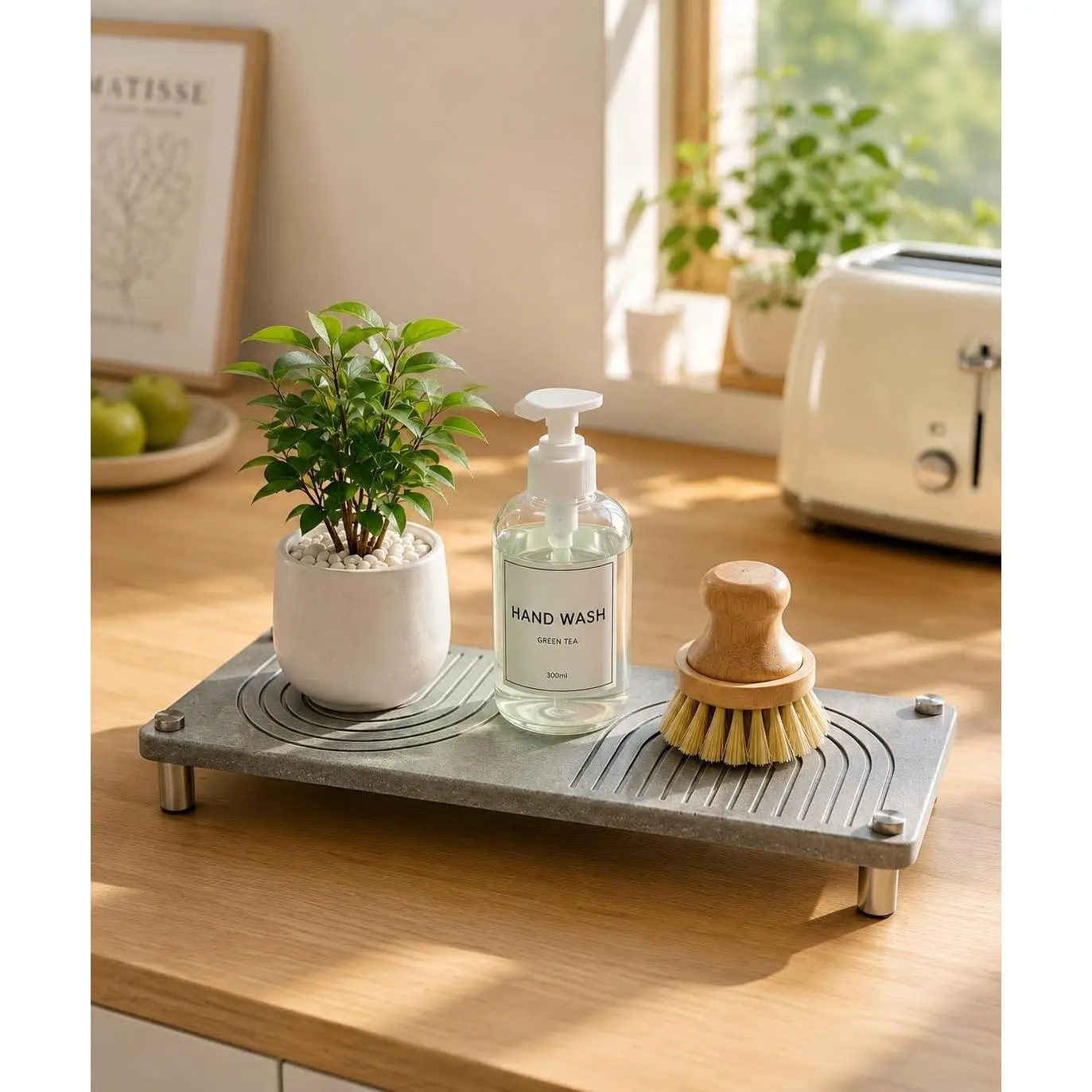 Diatomite Sink Tray for Bathroom Counter, Water Absorbing Stone Tray with Raised ,  Drying Soap &  Holder,  Skincare Tray (Gray)