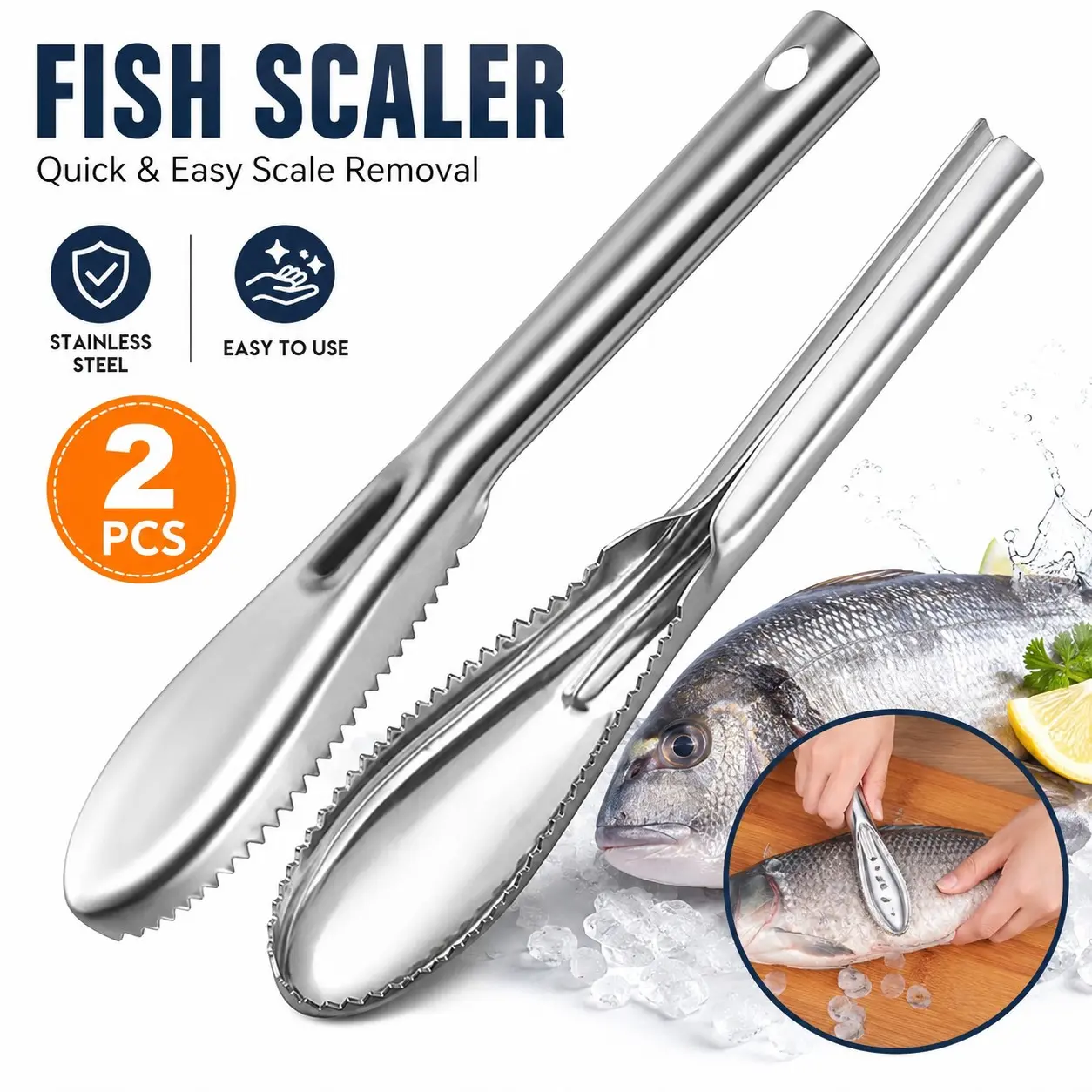 2PCS Portable Stainless Steel Fish Scale Scraper – Fish Scale Remover Tool for Fast Fish Cleaning, Durable Kitchenware Kitchen Gadget for Seafood Preparation, Easy Grip Design for Fishing, Camping, Outdoor Cooking & Home Kitchen Use