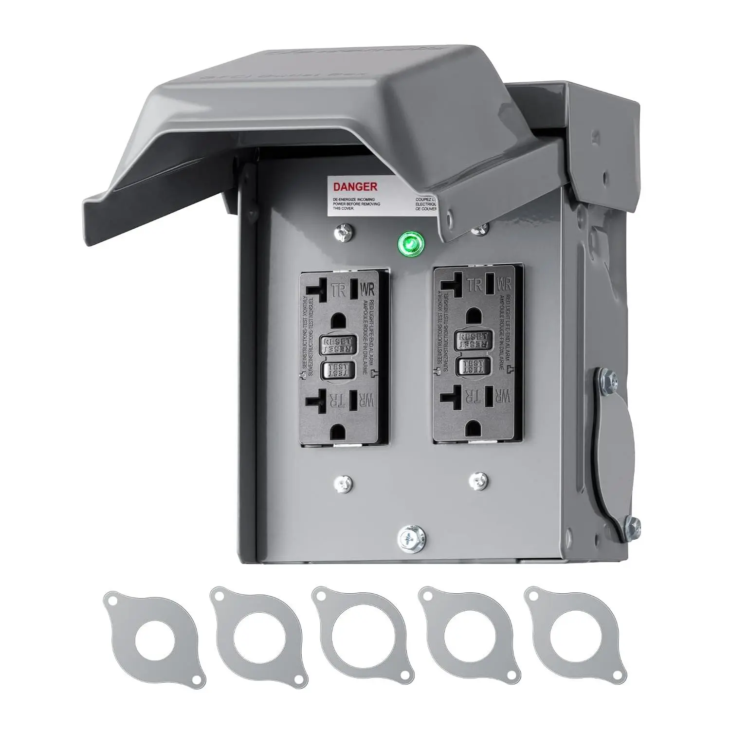 Outdoor Electrical Outlet Box, Dual 20 AMP WRTR GFCI Receptacles with Rainproof 3R Enclosure, Waterproof GFCI Outlet Box with Cover for Garden, Outdoor Lights, ETL Listed