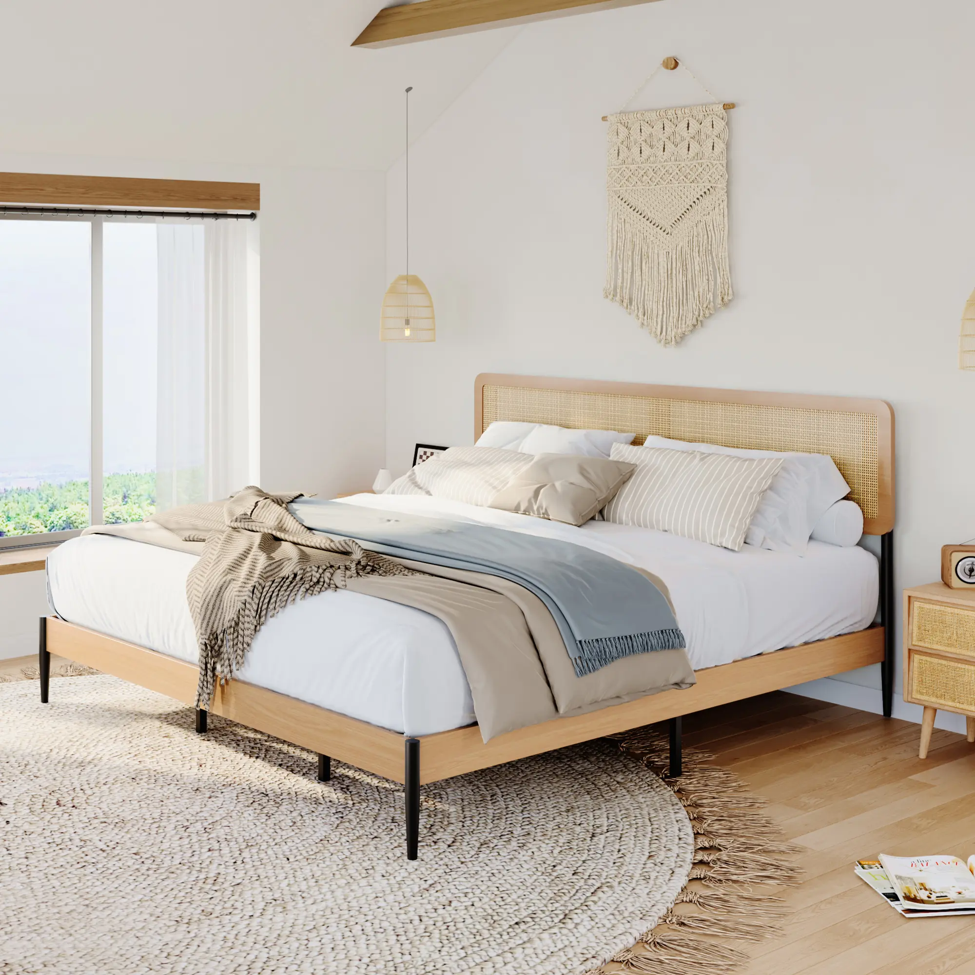 Rattan Queen/Full/King Bed Frame with Headboard – Boho Queen Platform Bed, Natural Woven Rattan Headboard – Heavy Duty Slat Support, No Box Spring Needed, Under Bed Storage, Noise Free, Easy Assembly