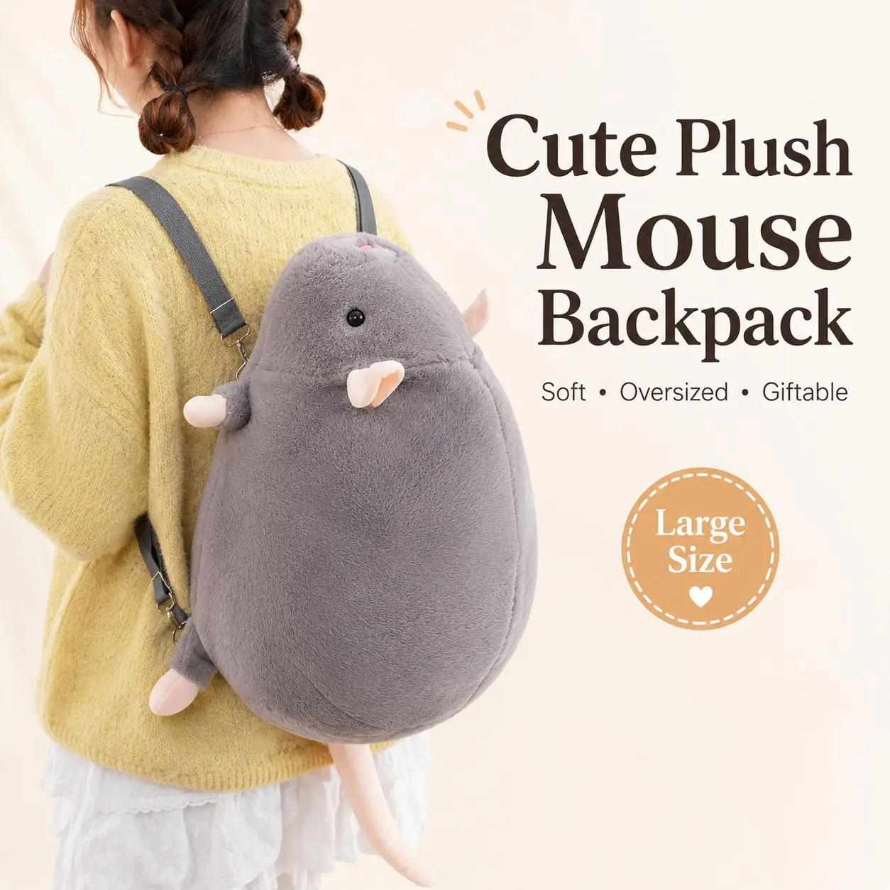 Cute Mouse Plush Backpack, Kawaii Soft Cartoon Daypack for Kids, Lightweight Shoulder Bag for Travel, School & Birthday Gift