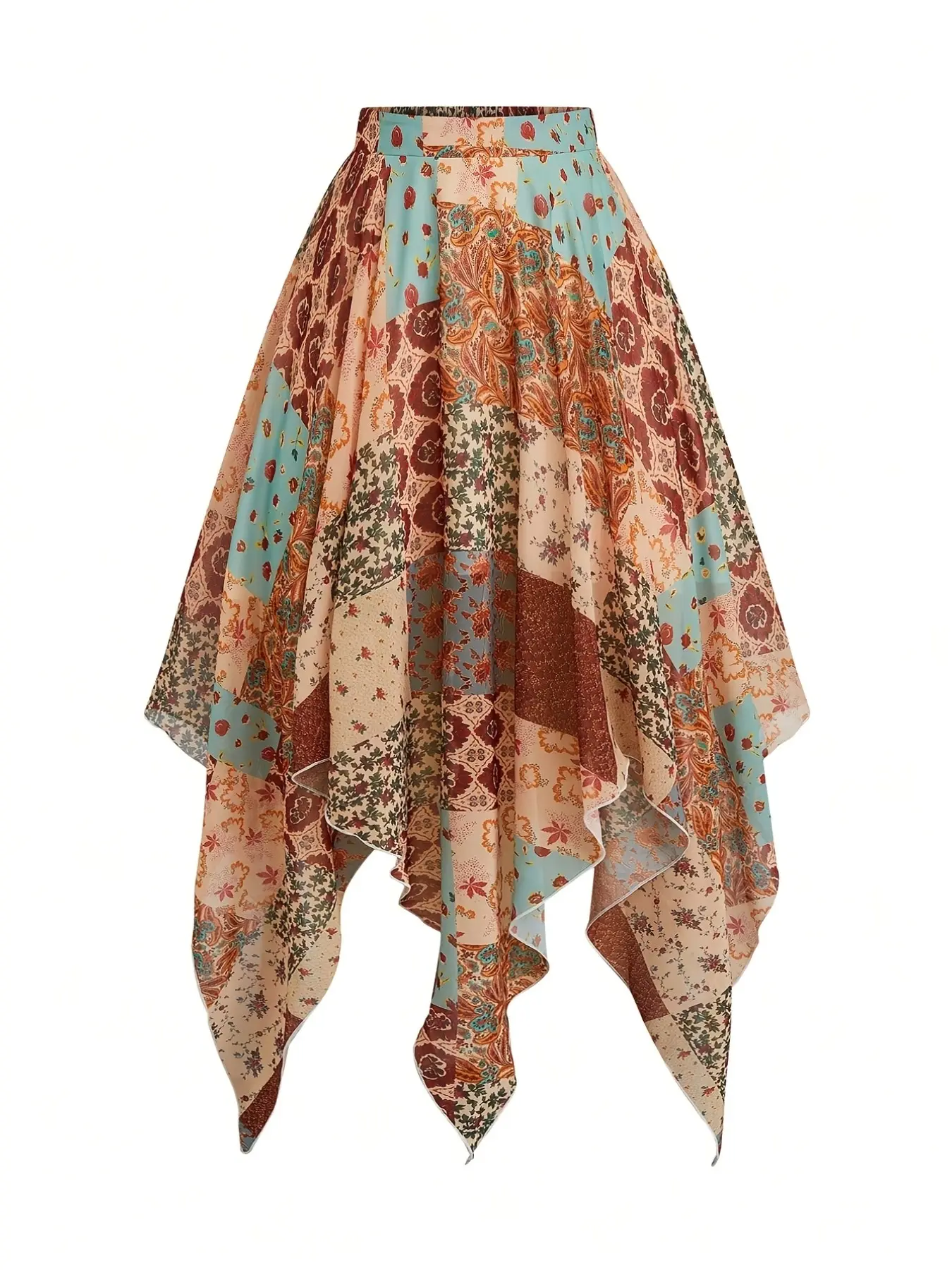 Women's Patchwork Floral Print High Waist Asymmetrical Handkerchief Midi Boho Skirt, Casual Bohemian Flowy Half Skirt, Fashionable Ladies' Dress, Floral Printed Skirt, Casual Comfy Skirt