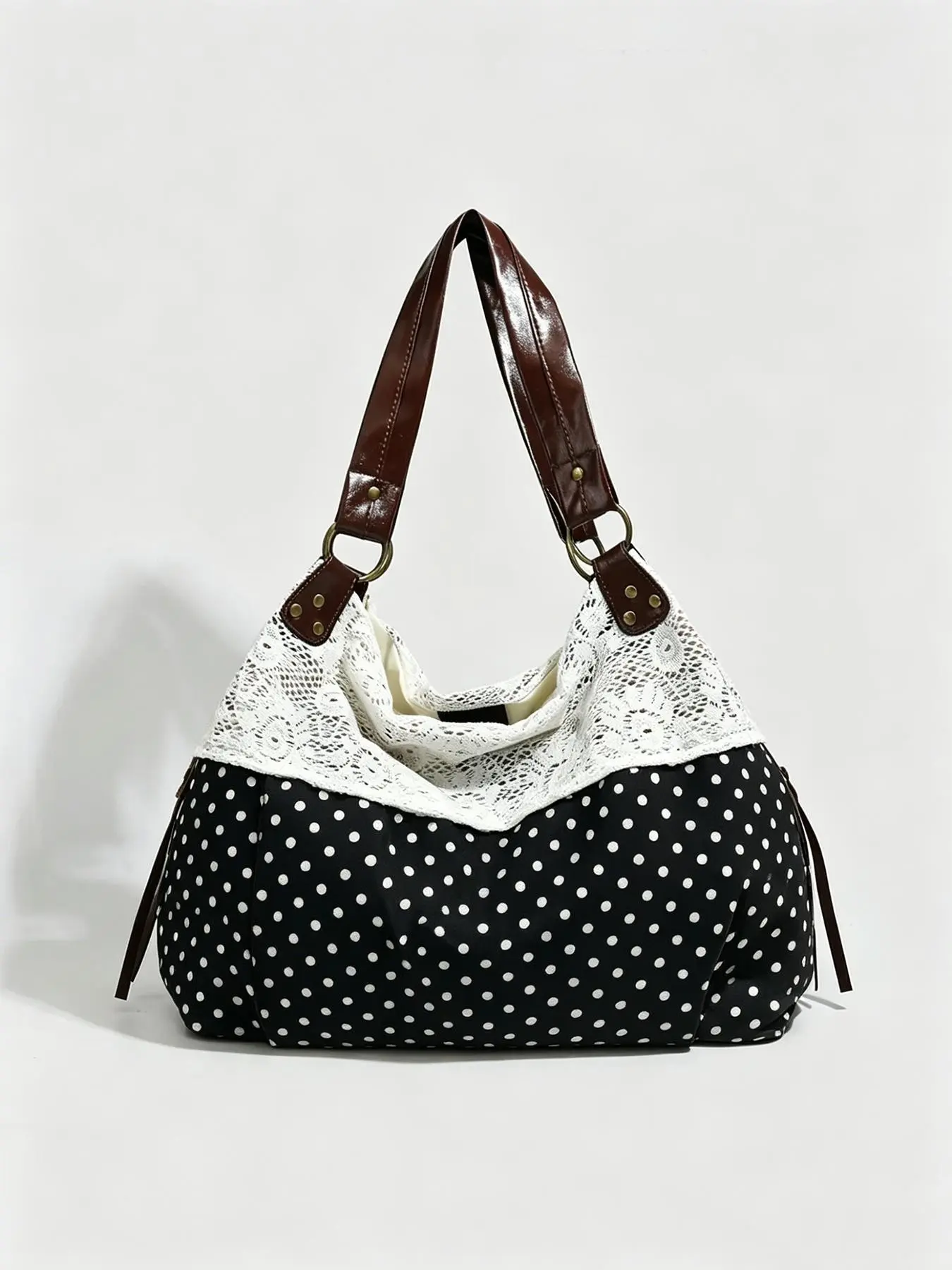 Leisure versatile gentle lace patchwork polka dot tote bag, elegant and artistic atmosphere, large capacity textured Aesthetic shoulder bag, Casual commuting bag, suitable for daily commuting, friend gatherings, shopping mall shopping