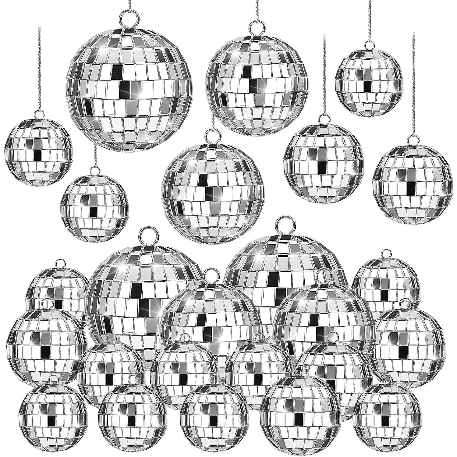 Mini Disco Balls  Ornaments, 20 count, 4 Sizes | With Rope, Reflective Mirror Balls, For 70s Disco Theme Party, Birthday Decorations, Dance  Prom Props