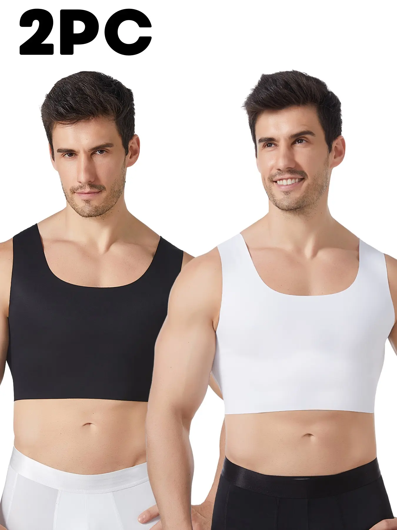 2 Pack Seamless FTM Chest Binder Tank Top, Men Style Transgender Chest Flattener Compression Vest, High Elastic Breathable Moisture Wicking Slim Body Shaper Undershirt for Daily Casual Workout