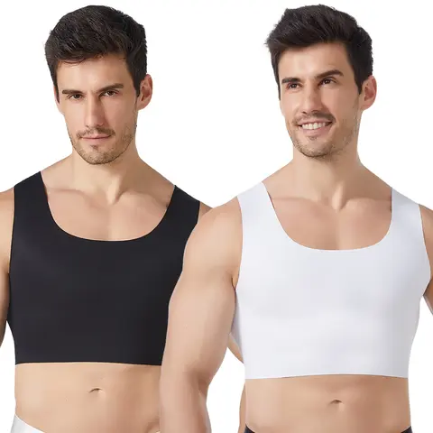 2 Pack Seamless FTM Chest Binder Tank Top, Men Style Transgender Chest Flattener Compression Vest, High Elastic Breathable Moisture Wicking Slim Body Shaper Undershirt for Daily Casual Workout Menswear