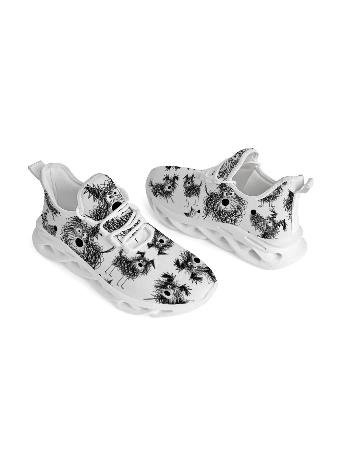 Sketch Style Fluffy Dog Print Sneakers Man Woman Comfortable Breathable Mesh Lace Up Cushion Sneakers Shock Absorbing Non Slip Casual Walking Trainers
