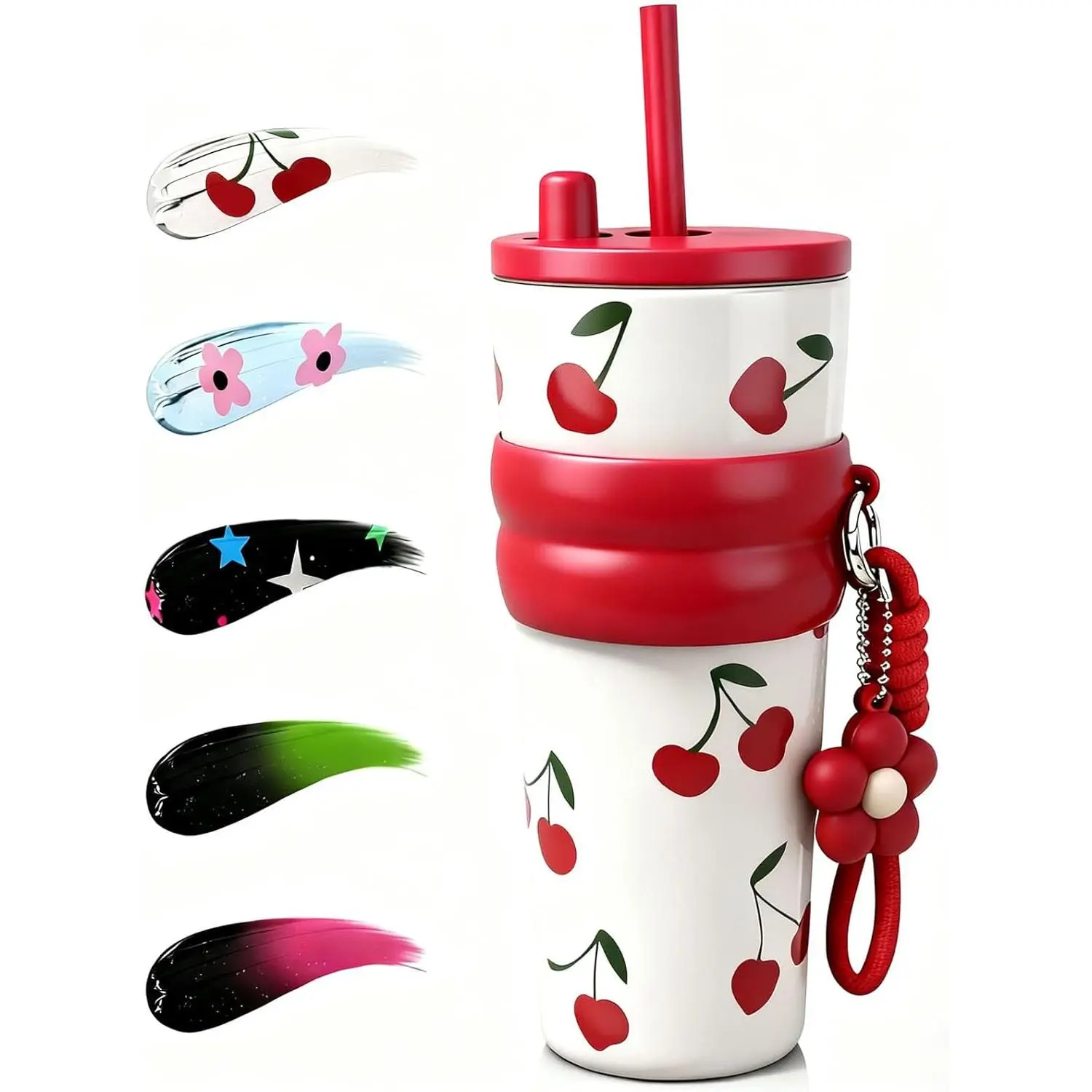 Red 24 OZ Cherry Tumbler Stainless Steel Water Bottle Insulated Vacuum With Lid and Straw Leak Proof Travel Mug Spill Proof Cup  Hot and Cold Drink Christmas Gift  Women Mother Girlfriend