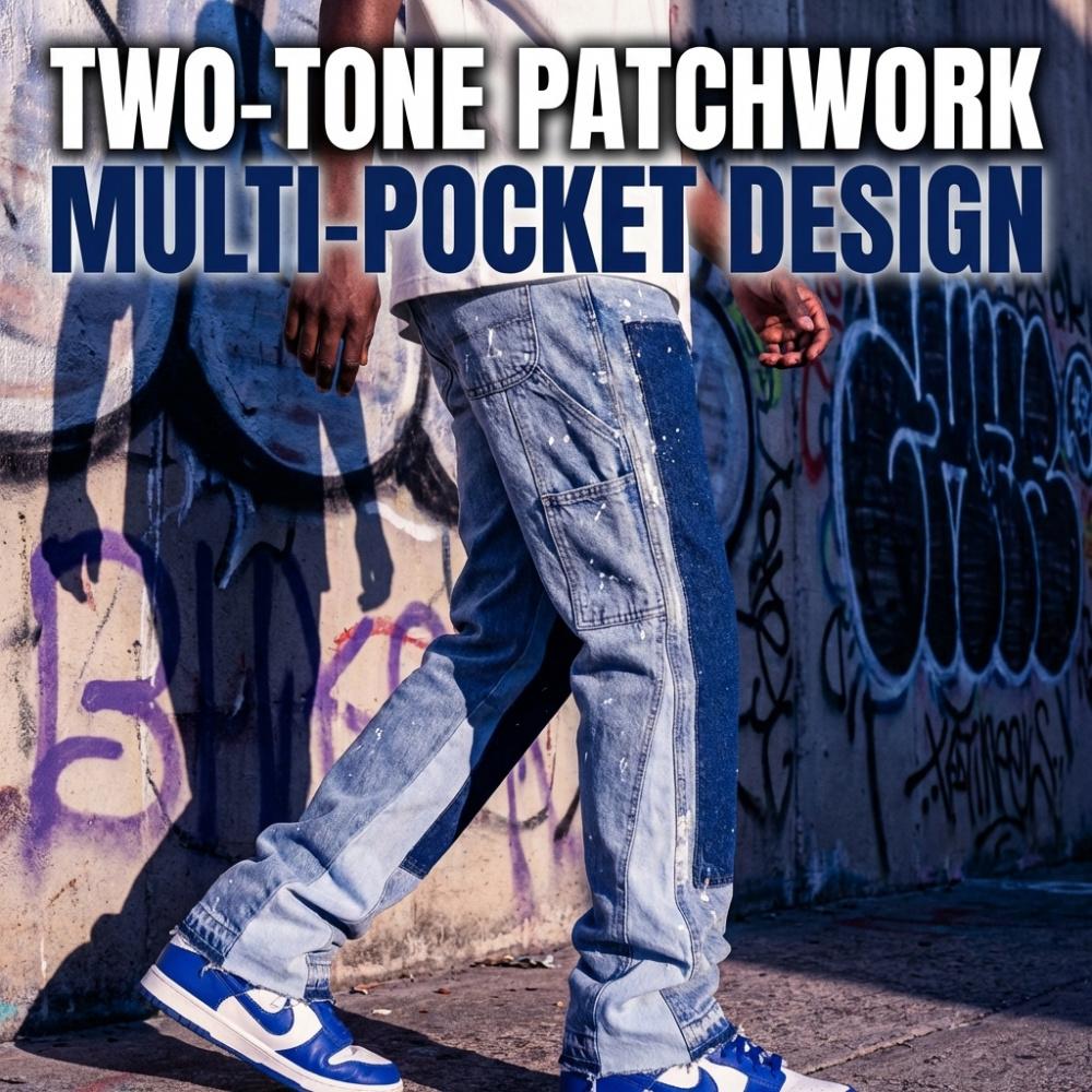 Men's Viral 2026 Trend Flare Denim Jeans Patchwork Paint Splatter Flare Denim Jeans Carpenter Pocket Raw Hem High Street Skate Pants Carpenter Flare Denim Jeans Raw Hem Loose Fit Stretch High Street Skate Pants for Men