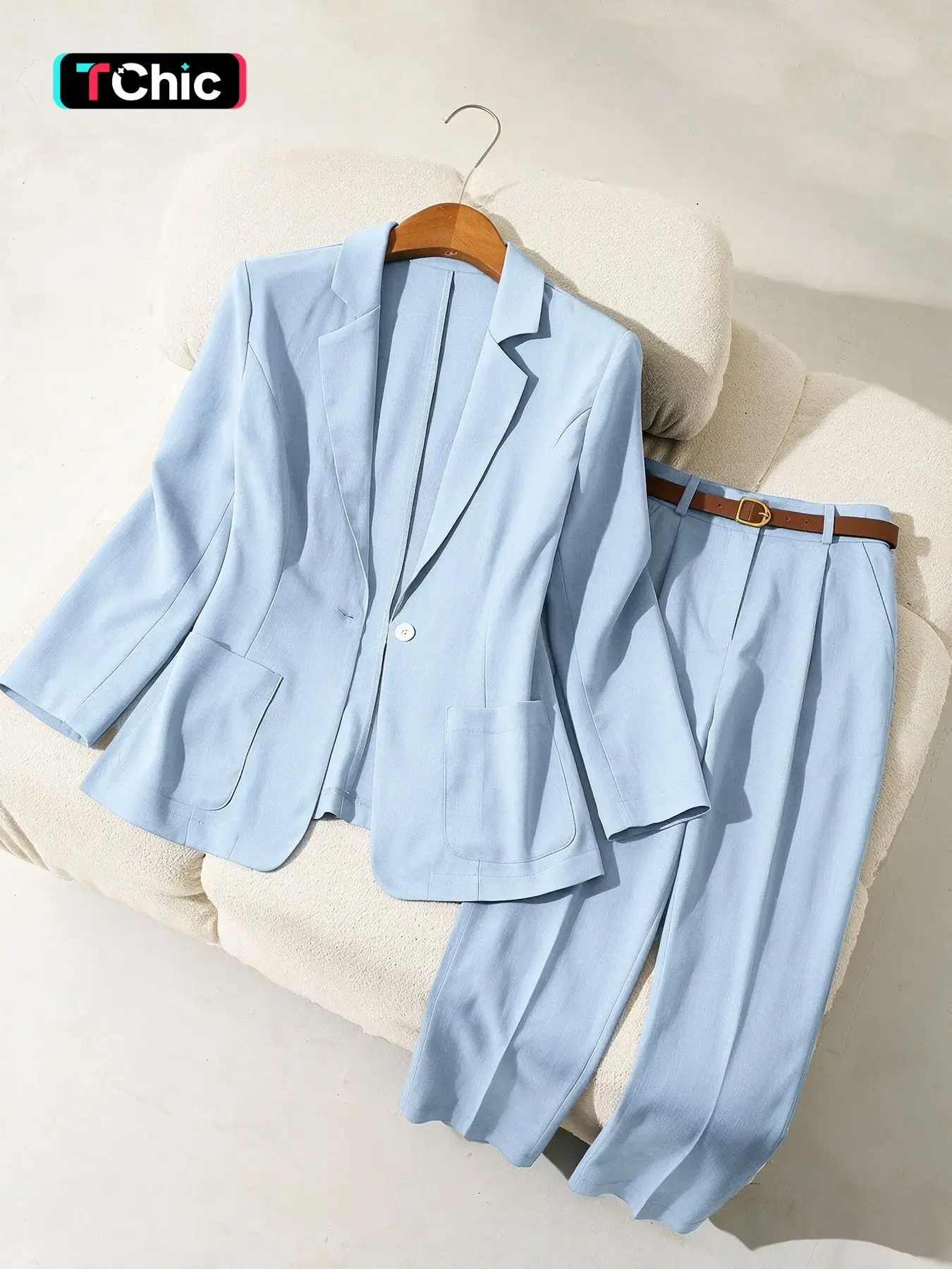 Women's 2-Piece Set, Lapel Long Sleeve Blazer + Loose Straight Pants, Essential for Office Commute/daily Casual Wear