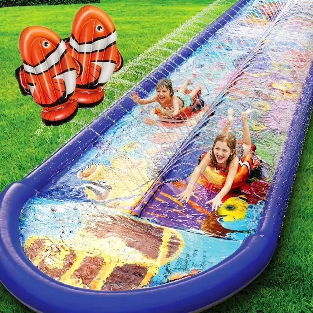 18ft x 5ft Undersea Water Dual Slip and Slide with Splash Pad, Sprinkler and Inflatable Body Boards, Fun Summer Outdoor Water Toy for Kids