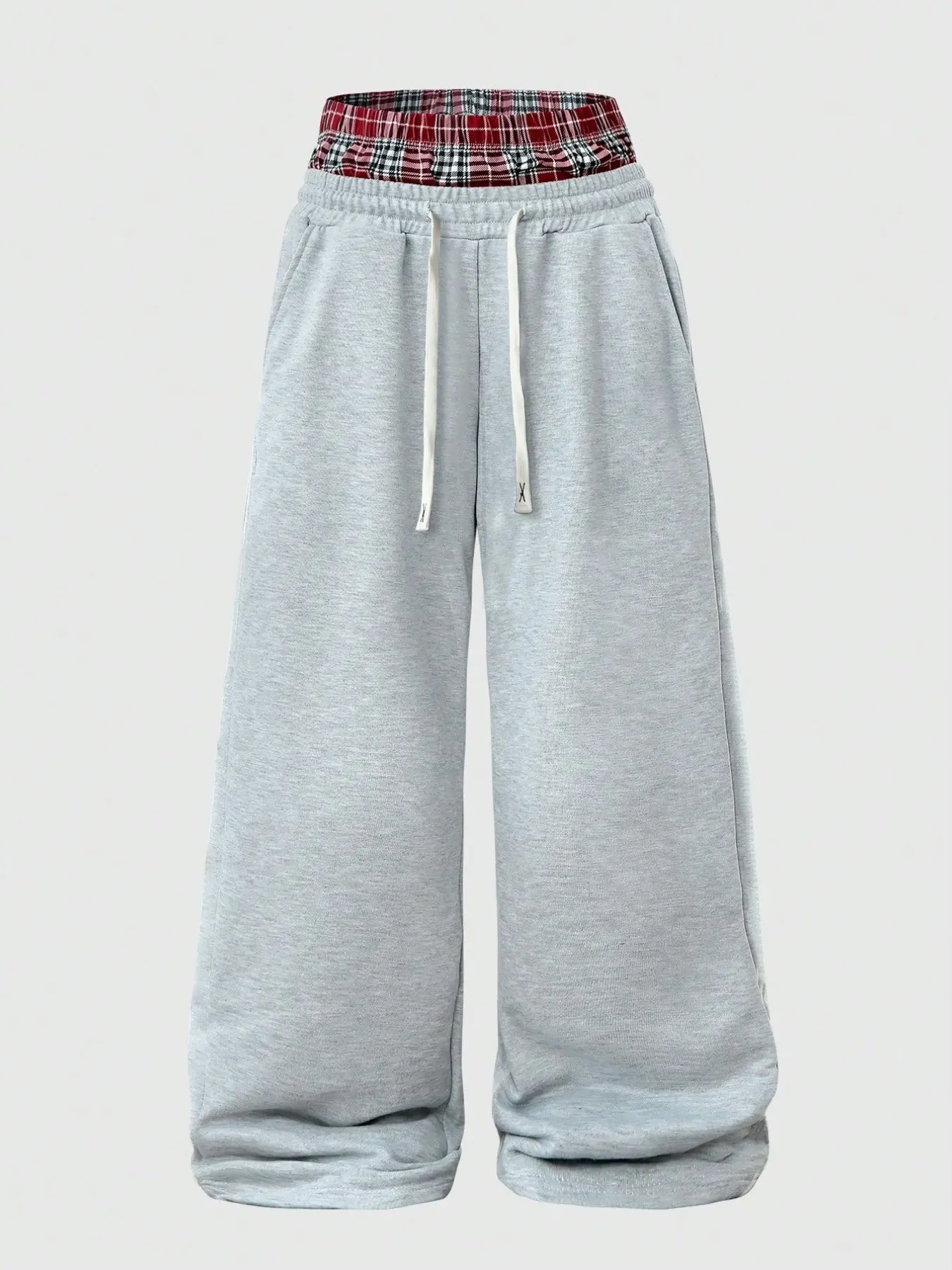 1 Piece Men's Baggy Sweatpants High Street Y2K Grunge Layered Plaid Waistband Wide Leg Drawstring Trousers Male Skateboard Casual Pants Grey