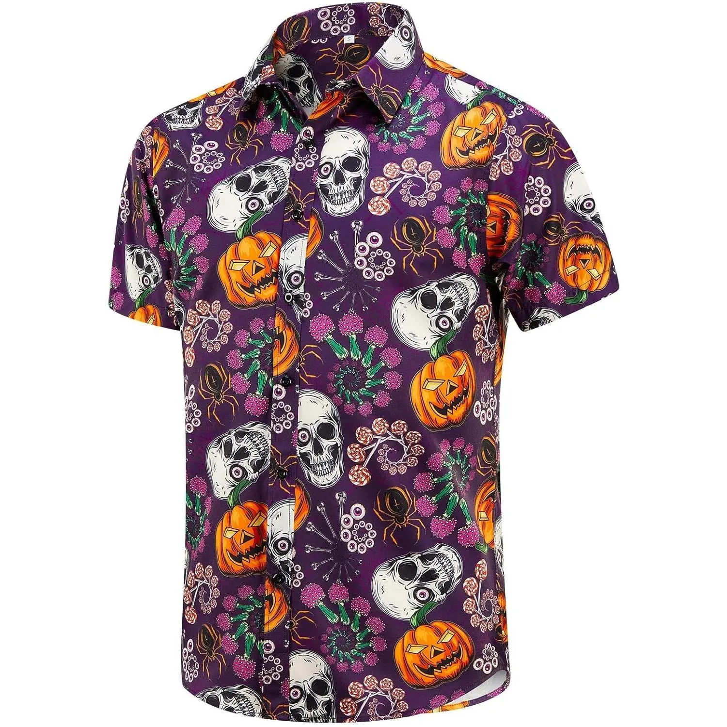 Halloween Button Down Shirts for Men Fun Skeleton Printed Casual Short Sleeve Hawaiian Tropical Novelty Shirt