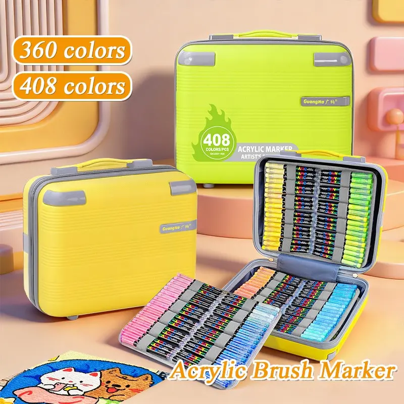 Guan Nan 360 Color Liquid Acrylic Markers Set, Soft Tip Brush, Portable Suitcase Storage, Rich Colors, Professional Art Painting Supplies