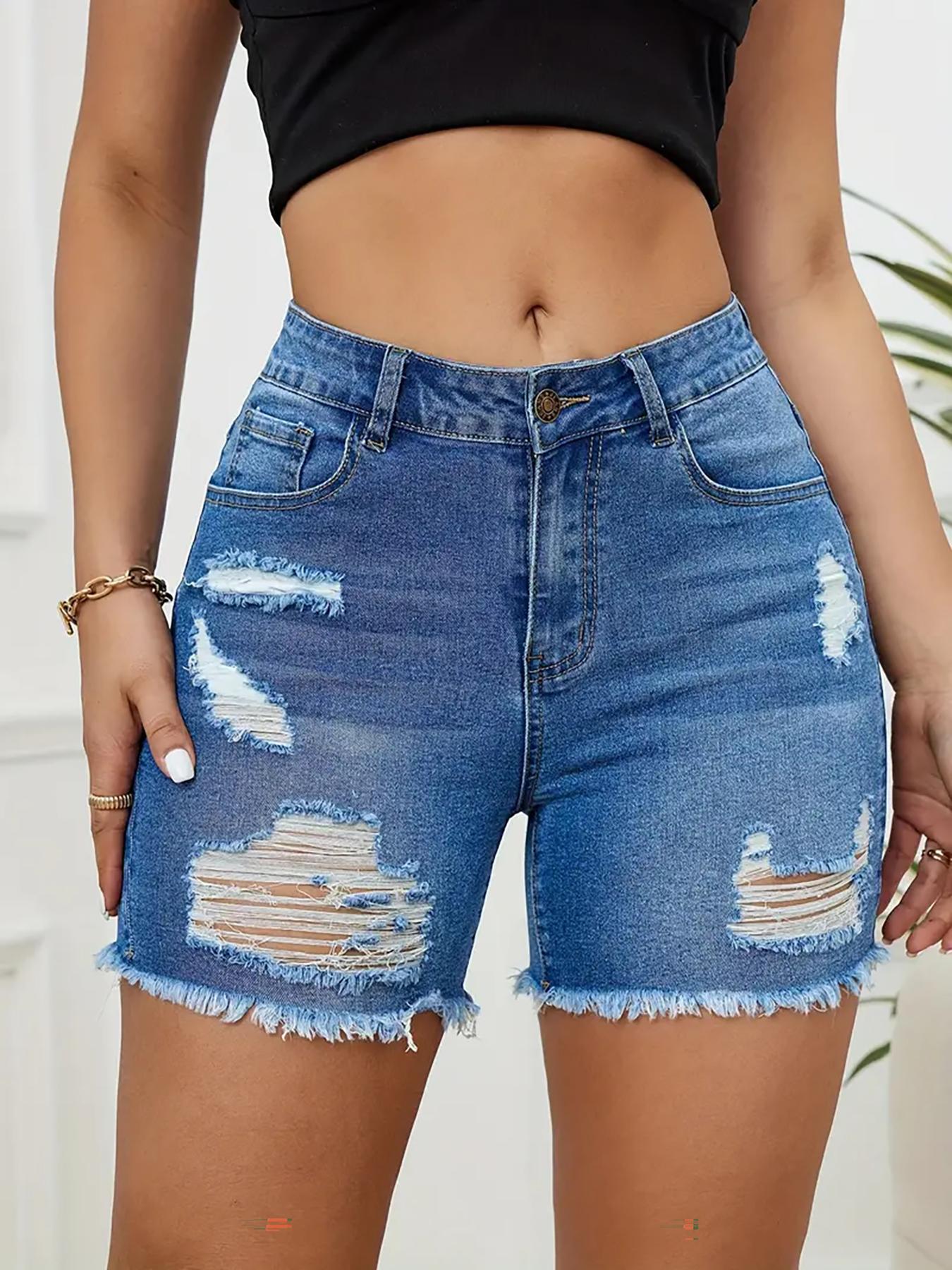 Women's Ripped Raw Hem High Waist Distressed Denim Shorts, Casual Pocket Button Fly Skinny Jean Shorts for Summer, Fashion Bottoms for Daily Wear