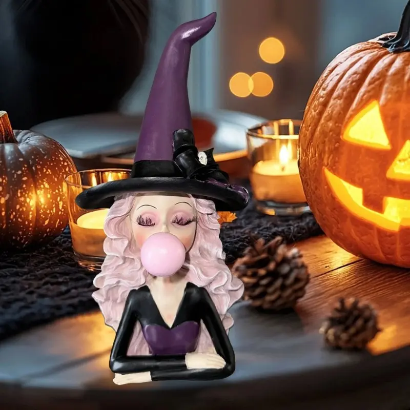 Pink Bubblegum Blowing Witch Figurine, Gothic Purple Hat Witch Resin Statue, Halloween Desktop Ornament, Whimsical Spooky Home Shelf Decor Halloween Party Gift