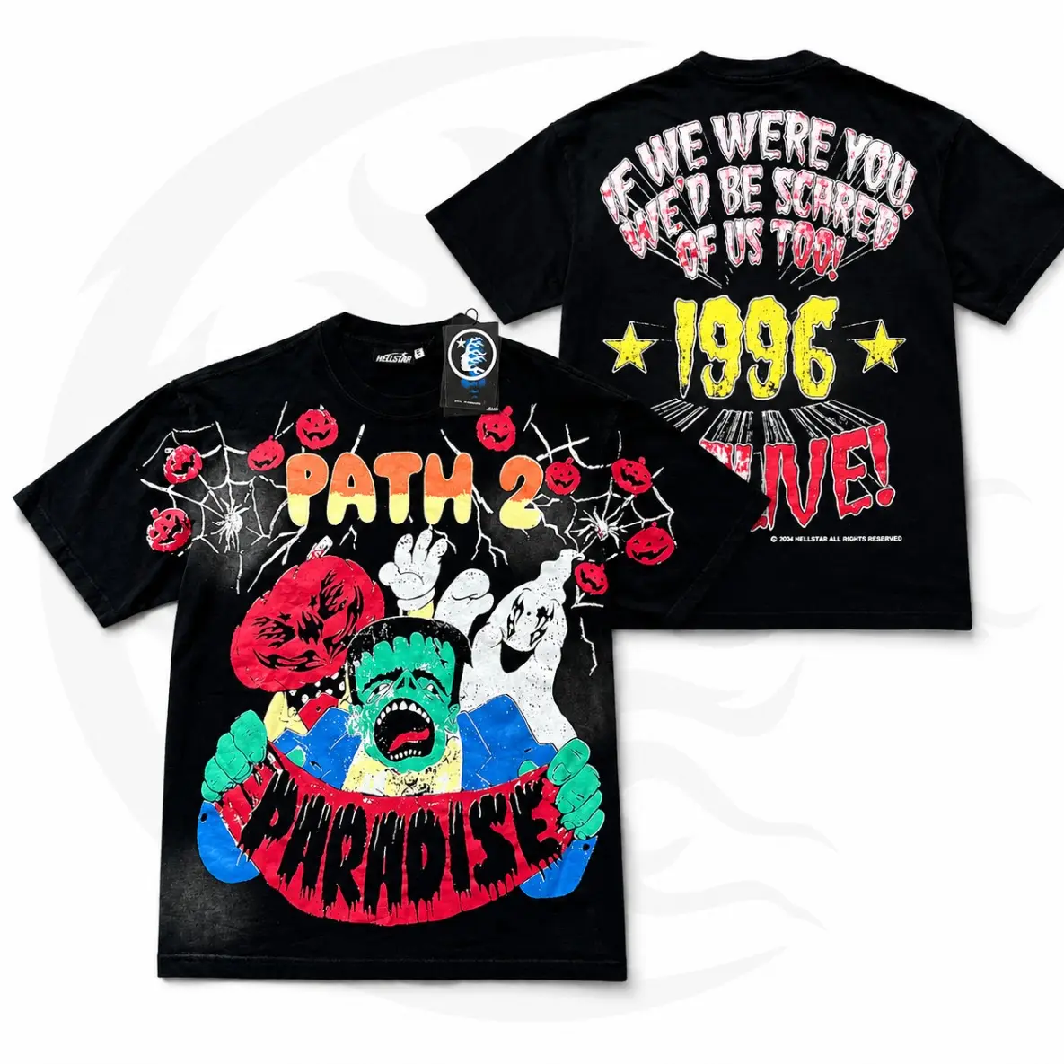 Hellstar Path 2 Paradise T-Shirt, Vintage Frankenstein Ghost Double Sided Graphic Printed Heavy Cotton Loose Tee for Men Women, Unisex 96 Alive Casual Hip Hop Top, Trendy Washed Black Summer Streetwear