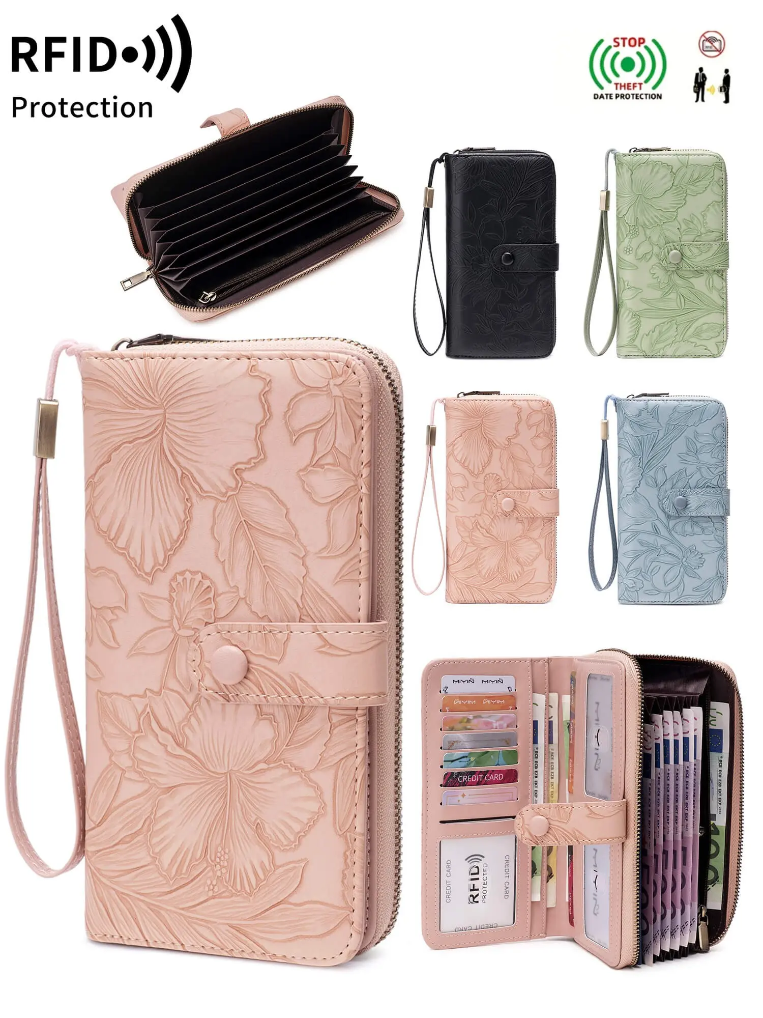 Women Floral Embossed Accordion Long Wallet, RFID Blocking Wrist Clutch, Multi-Layer Cash Compartments, Holds Cell Phone & Multiple Credit Card Slots, Multi-Functional Stylish Portable Hand Purse For Daily Carry, Zipper Purse