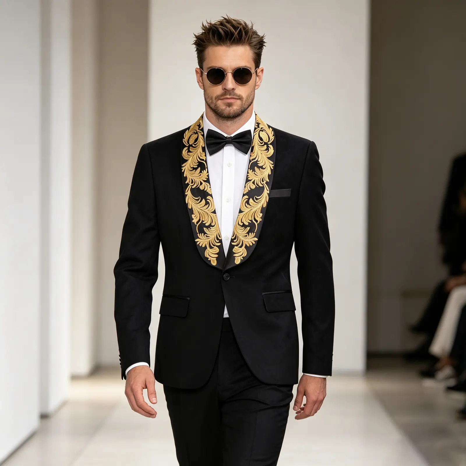Men's 2 PCS  Gold Embroidered Shawl Lapel with Suitsuit Pants