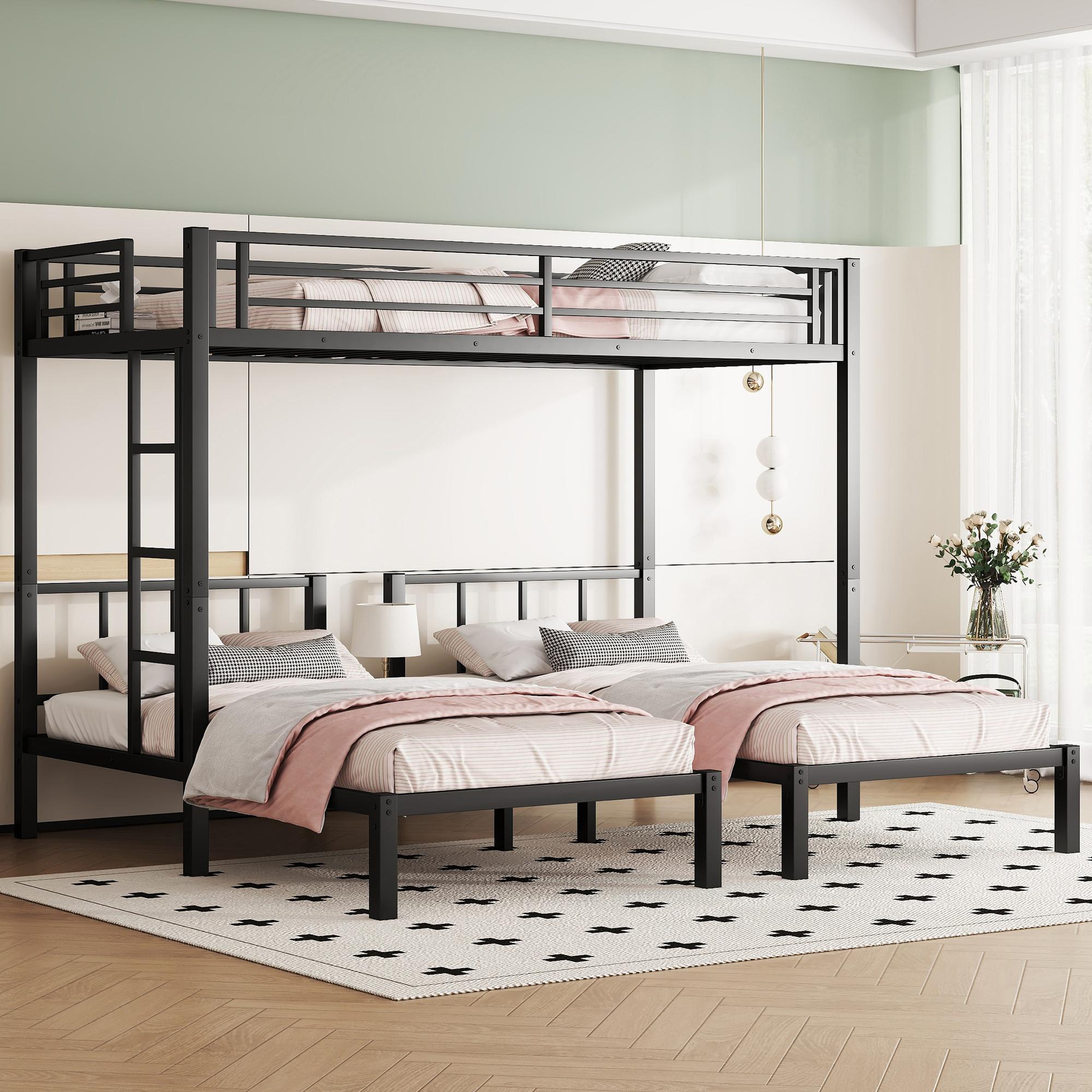 Bellemave  Bunk Beds for 3 Black Metal Triple Bunk Bed Queen Size Bed Frame Kids Furniture with Guardrails & Sturdy Construction