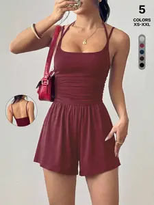 Women's Double Spaghetti Strap Short Jumpsuit, Backless Halter Ruched Romper, Casual Sleeveless Tank Shorts Jumpsuit for Beach Vacation
