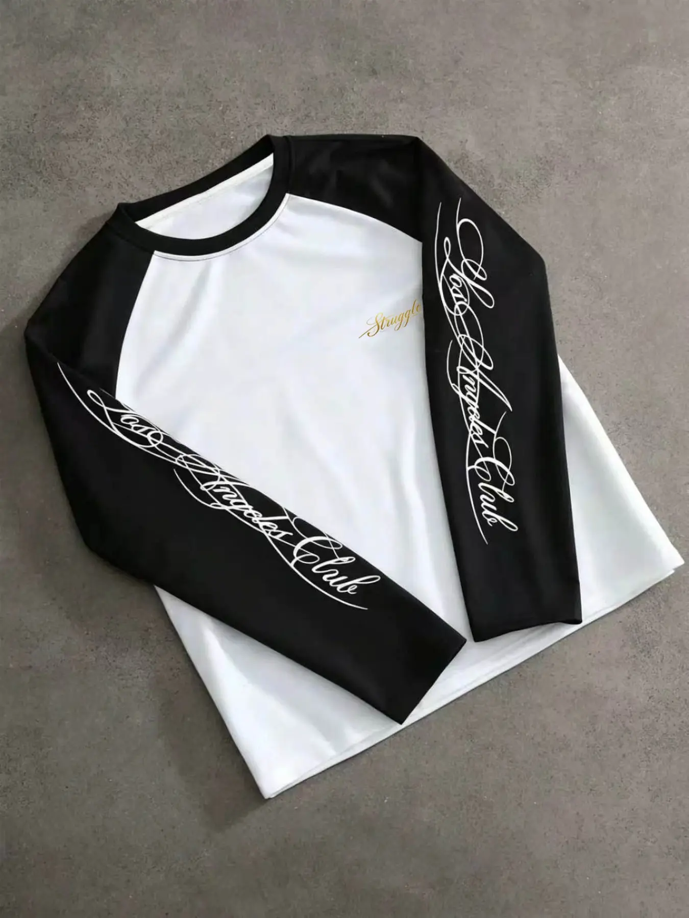 Unisex Black & White Raglan Sleeve Los Angeles Club Script Print Long Sleeve T-Shirt | Y2K Grunge American Retro Casual Streetwear Top