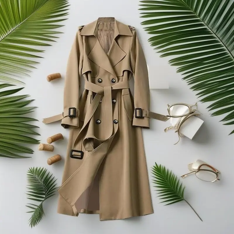 Women's Solid Double Button Belted Trench Coats, Elegant Lapel Neck Long Sleeve Coat for Fall, Winter Wear Casual Wear, Women's Casual Jackets Outerwear for Daily Wear, Winter Clothes Women, Coats for Women