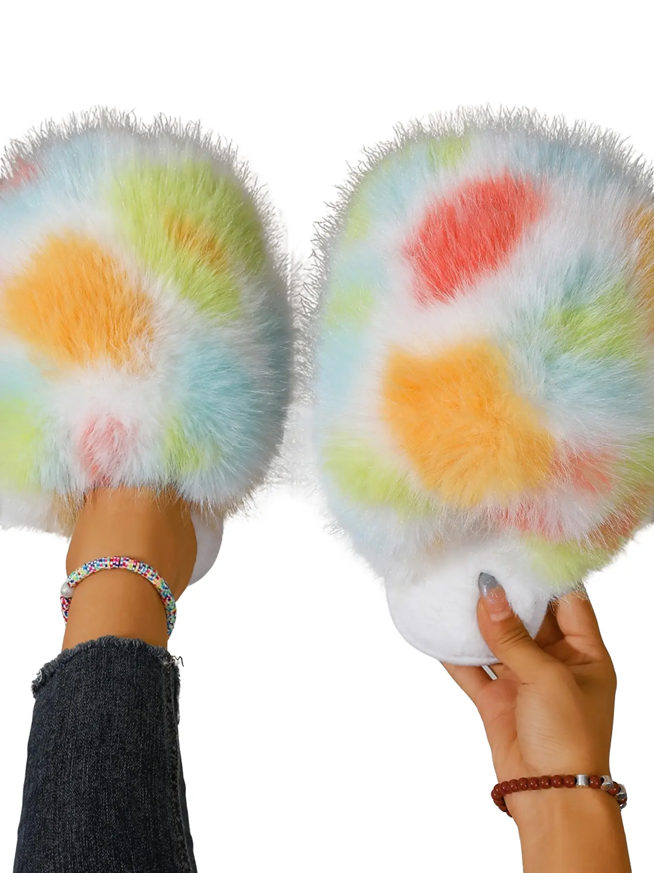 Rainbow Gradient Long Hair Slippers for Women, casual slippers, Autumn Winter Outdoor Patchwork Plush Shoes, Soft Sole Warm Cotton Slippers Footwear