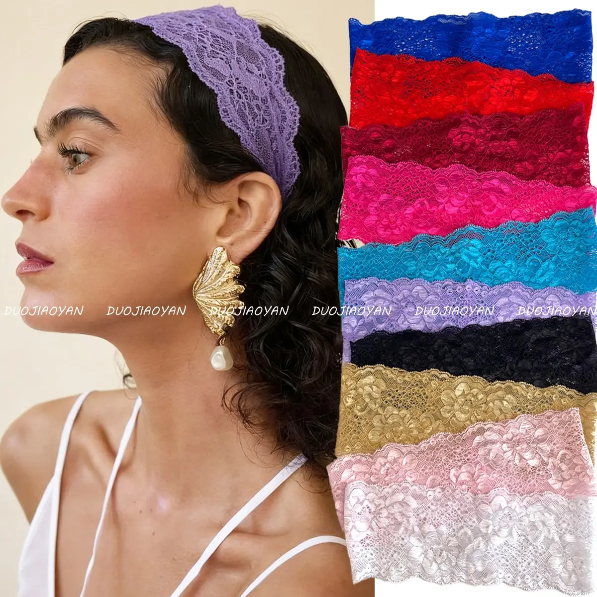 Women's Floral Lace Headband, French Vintage Wide Elastic Hair Accessory, Sun Protective for Summer Beach Photos and Outdoor Sports, Headbands, Accessories For Women, Lace Fabric, Plain
