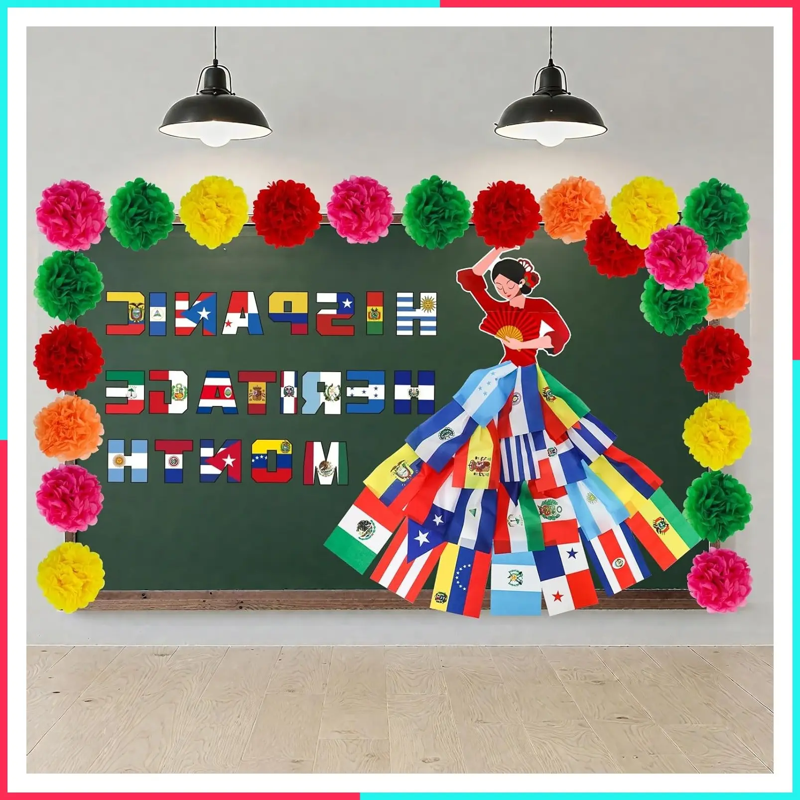 69-Piece Hispanic Heritage Month Bulletin Board Decorations Set – Spanish Classroom Door Cover Banner Backdrop with Paper Blooms for Latin American School, Office, Home & Party Supplies