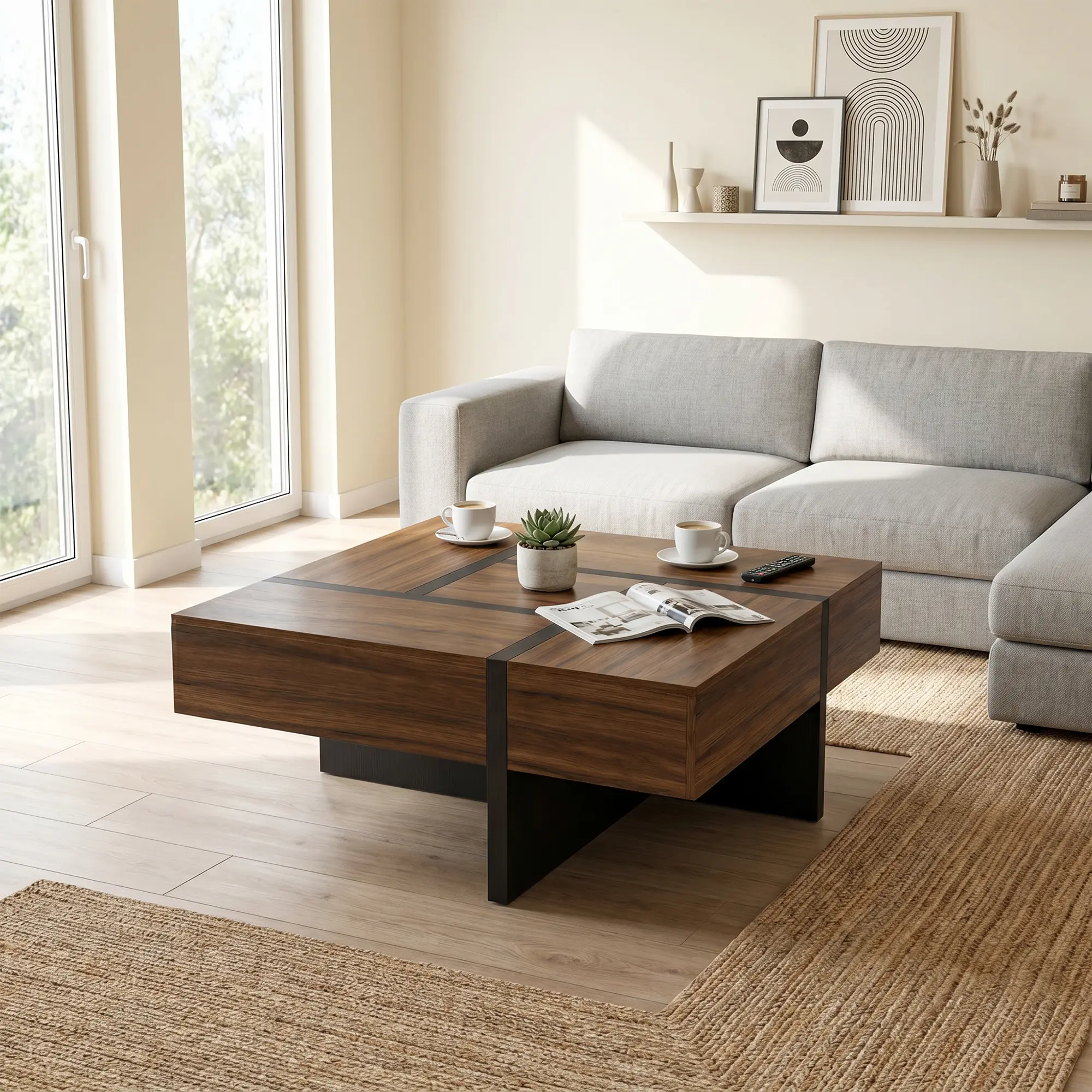Modern Sliding Extendable Coffee Table, Wood Grain Square Center Table Featuring 4 Hidden Storage Spaces, Expandable Tabletop for Living Room Decor