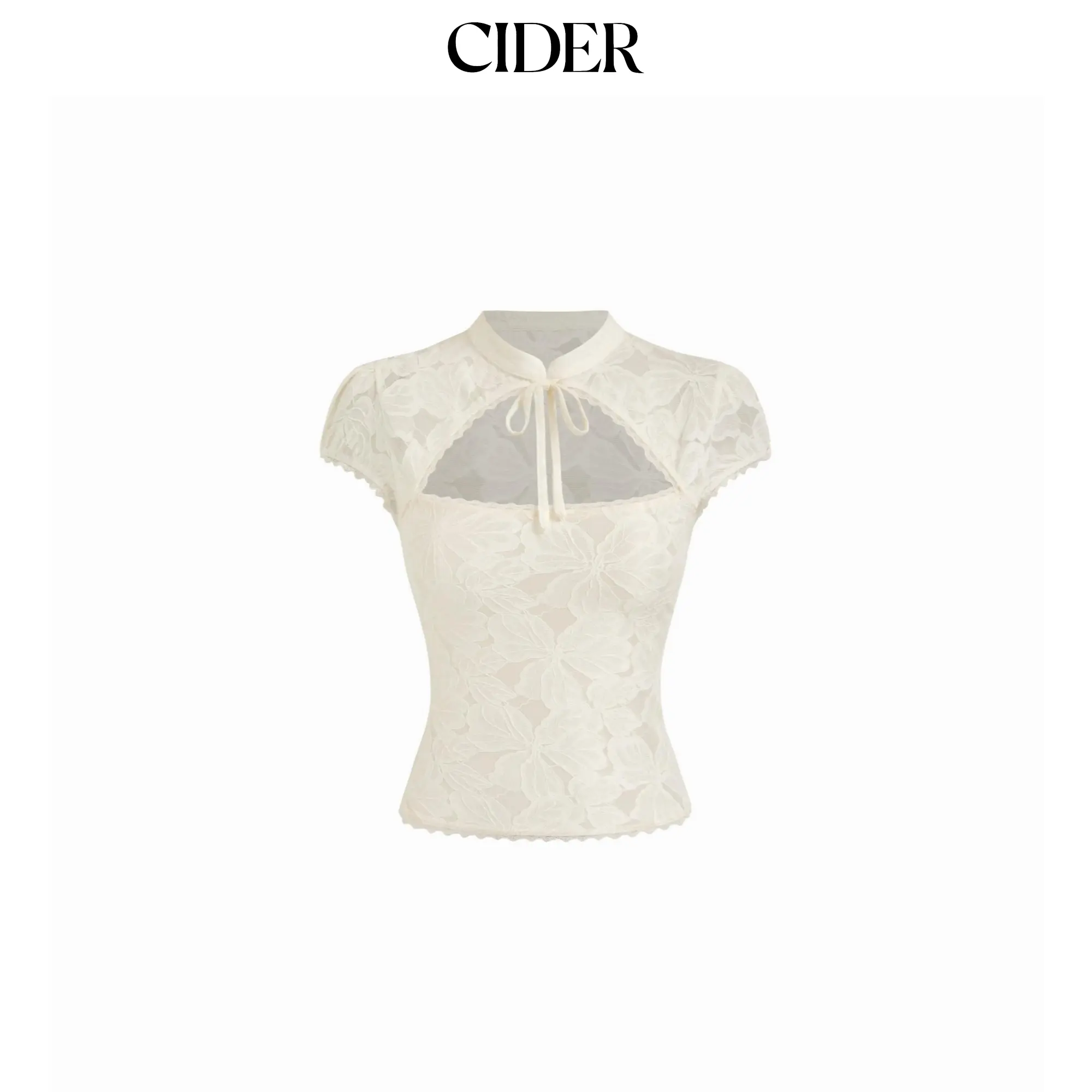 Cider Floral Lace Stand Collar Cut Out Bowknot Short Sleeve Top