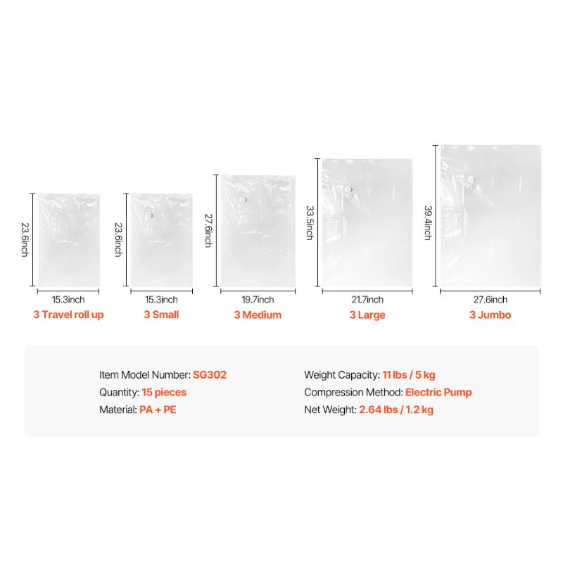 VEVOR Vacuum Storage Bags, 15 Pack Space Saver Seal Bag(3 Jumbo/3 Large/3 Medium/3 Small/3 Roll), Compression Airtight Zipper Space Bags with Electric Pump, for Cloth, Bedding, Blanket, Pillow, Travel