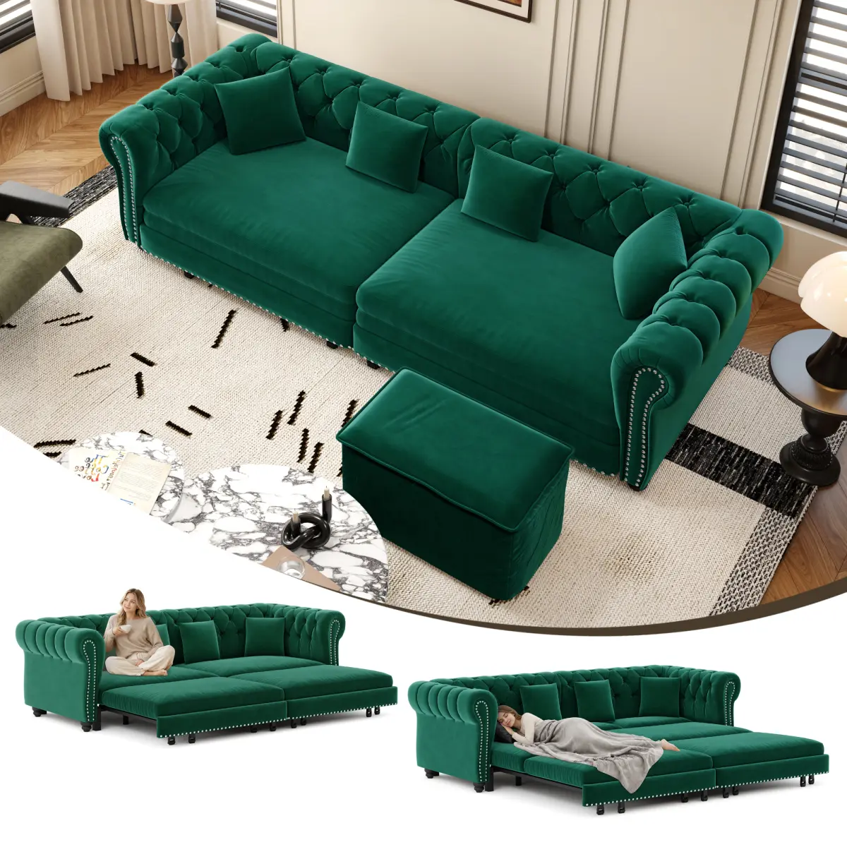 Chesterfield Sofa, 89 " W 3-in-1 Pull-Out Sofa Bed, Convertible Sleeper Sofa Bed,King Size Sofa Bed, Chaise Lounge,Velvet 3-Seater Sofa with Movable Ottoman,  Green(Old Sku:W1885S00444/W1885S00176)