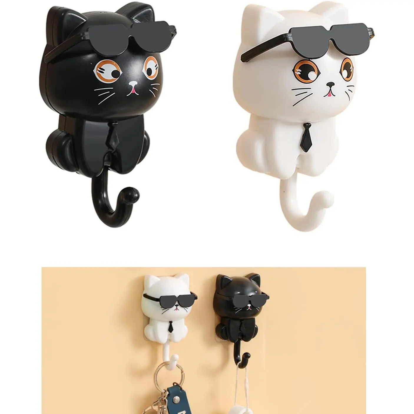Adhesive Coat Hooks Key Holder, Creative Adhesive Cute  Key Hook,  Storage Utility Wall Decorations for  Hat, Key, Towel, Scarf, Bags, Punch Free (Black+White)