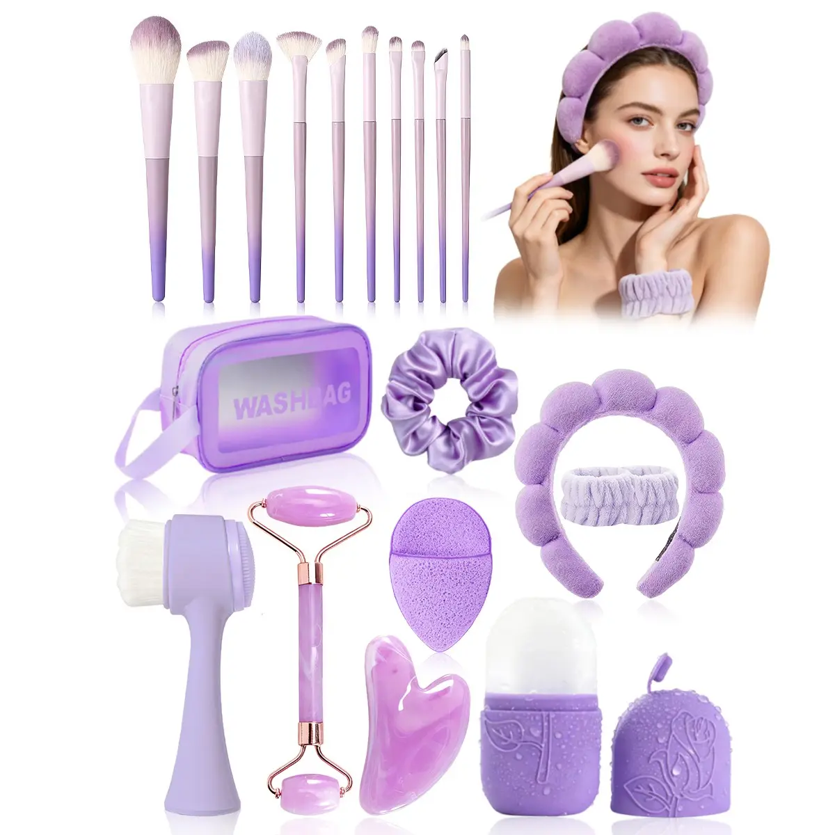 19-Piece Facial Massage Tool Set, Beauty Tools Includes Makeup Brushes, Ice Roller, Gua Sha, Headband, Wrist Strap, Storage Bag, Ideal Gift