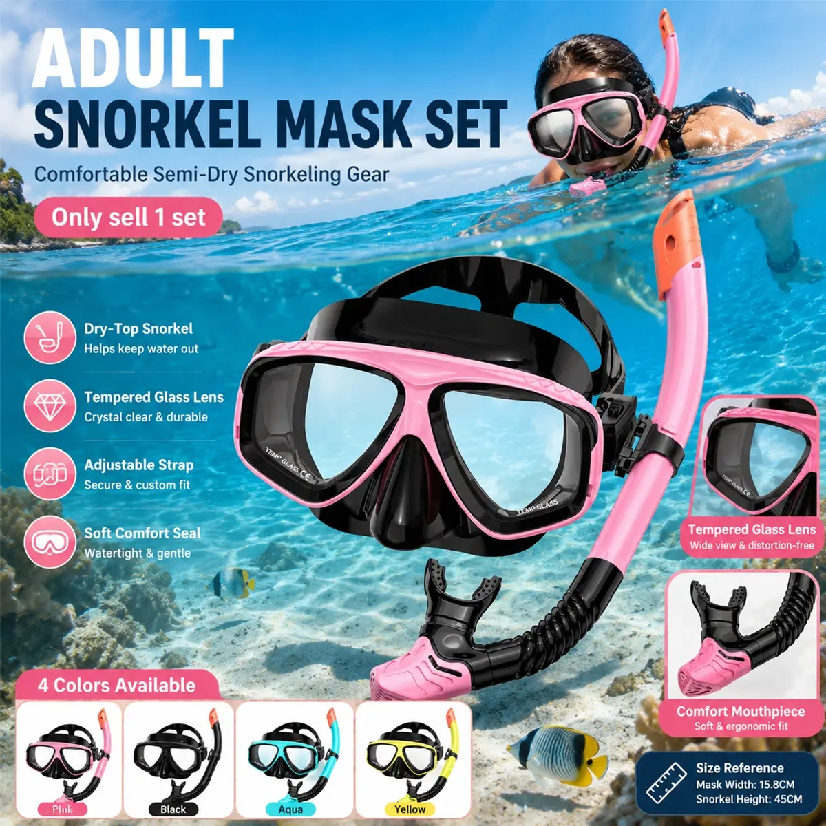 Adult Snorkel Mask, 180° Panoramic View Diving Goggles, Anti-Fog Anti-Leak Silicone Skirt, Adjustable Head Strap Swim Dive Mask, Snorkel Set for Adults, Diving Gear, for Snorkeling, Freediving, Scuba, Pool, Beach, Reef Travel