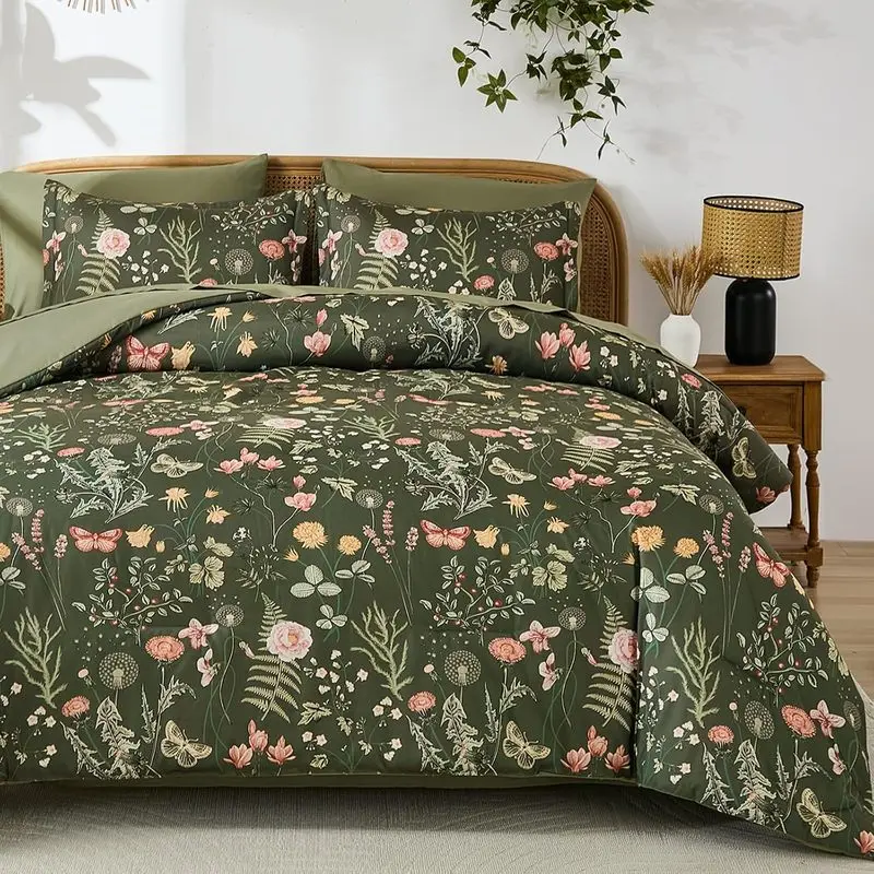7-Piece Queen Comforter Set, Olive Green Floral Print Bed Set with Soft Lightweight Fabric, Botanical Bedding, Seven Pieces