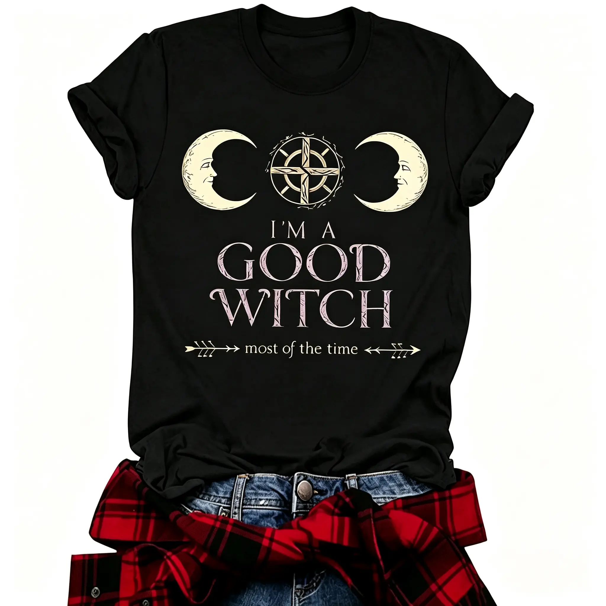 I'm A Good Witch Most Of The Time Moon Phase Oversized Tshirt Women Vintage Bohemian Witchy Graphic Printed Tee Casual Summer Short Sleeve Chic Daily Top