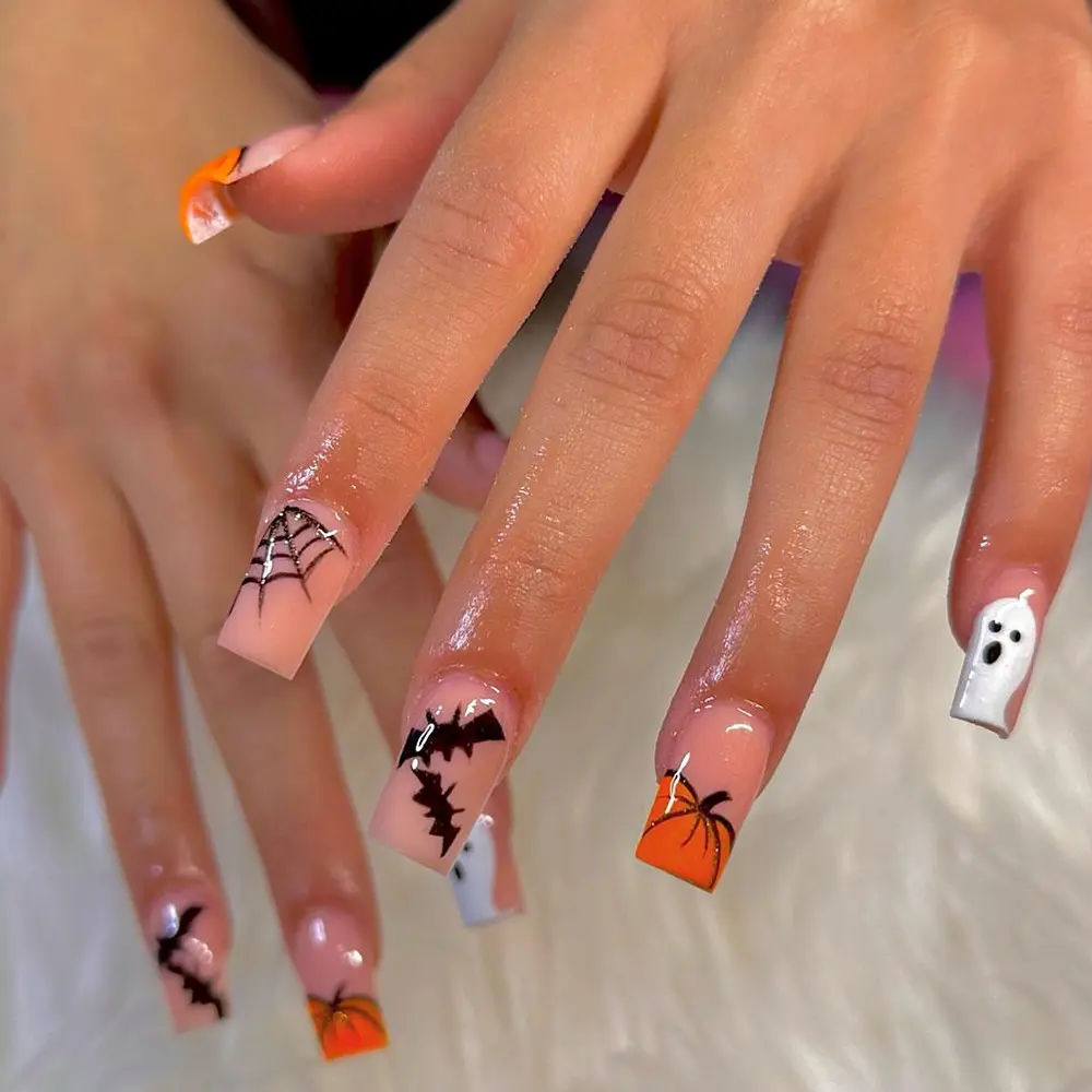 Halloween 24pcs Long Coffin Press-On Nails, Pumpkin Ghost Bat Spider Design, Acrylic Set Includes Jelly Glue and Nail File
