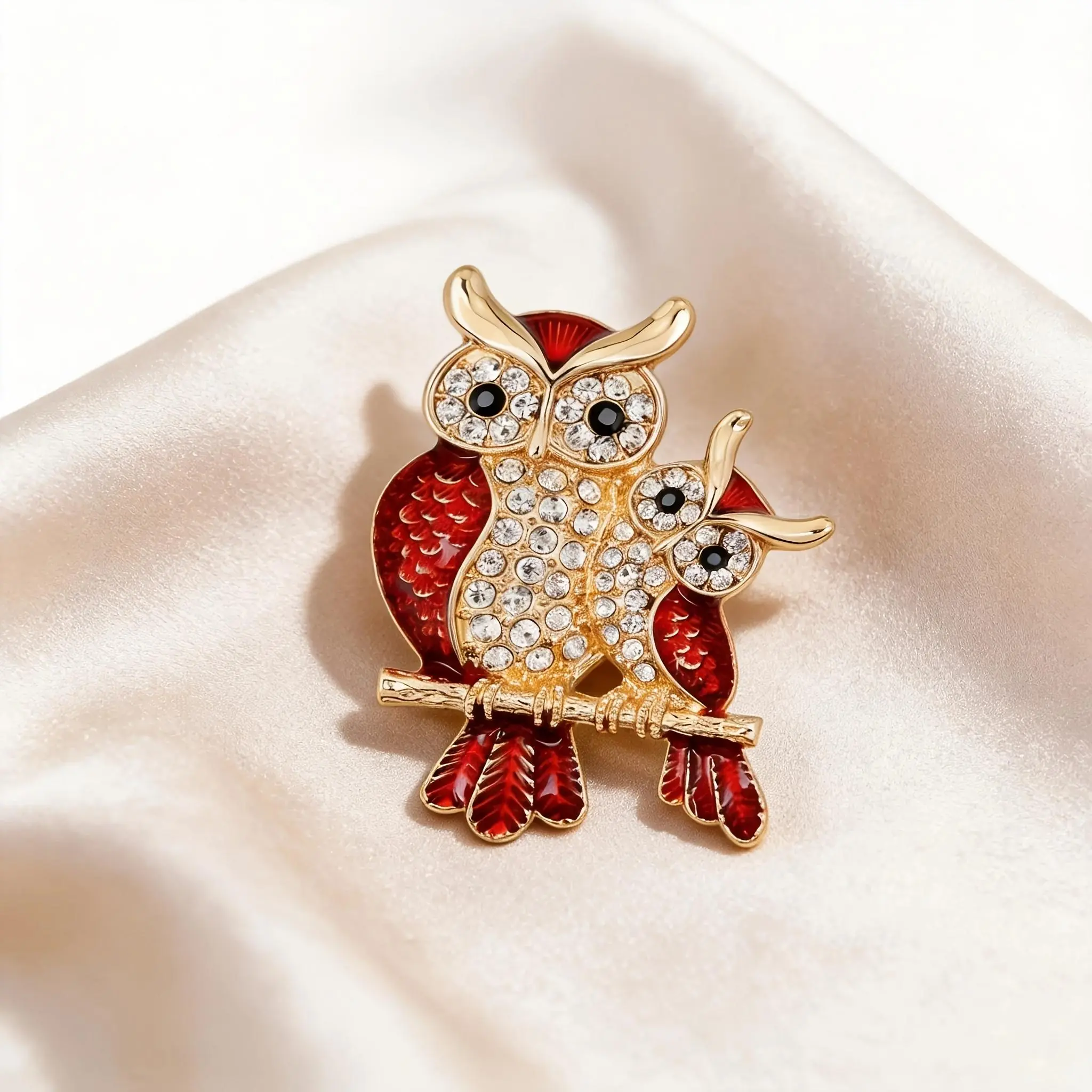 Korean-Style Drip Oil Rhinestone-Inlaid Owl Brooch - Animal-Themed Red Pin for Daily Home Decor, Flower-Inspired Hanging Accent