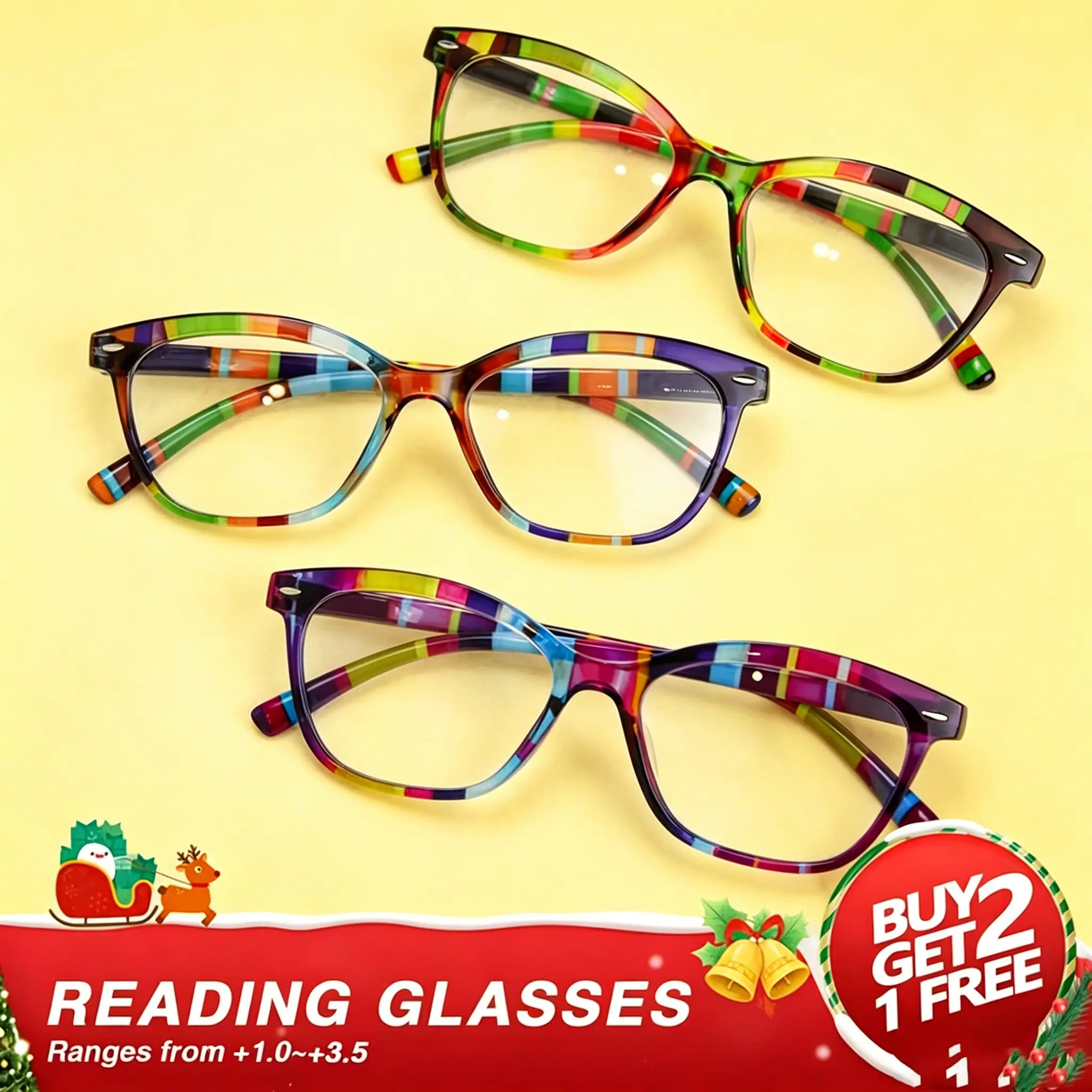 3-Pack Colorful Striped Fashion Cat Eye Reading Glasses, Lightweight Design, +1.0 to +3.5 Diopter, Buy 2 Get 1 Free