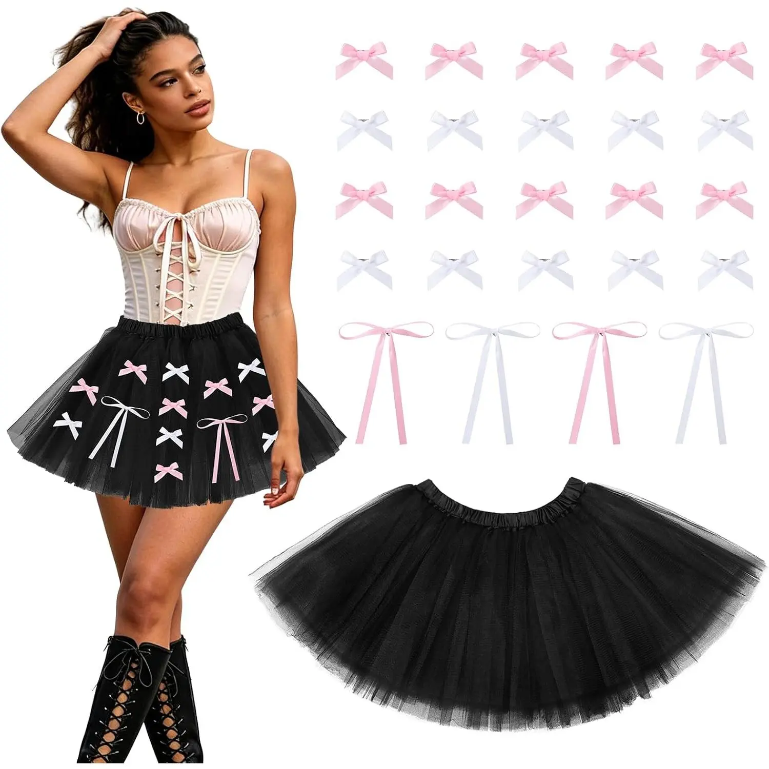 25 count Black Tutu Skirt Accessories Set for Women 5 Layer Party Tutu Skirt with 4 count Detachable Pin Ribbons 20 count Mini Bow Pins for Adult Dance Halloween Costume