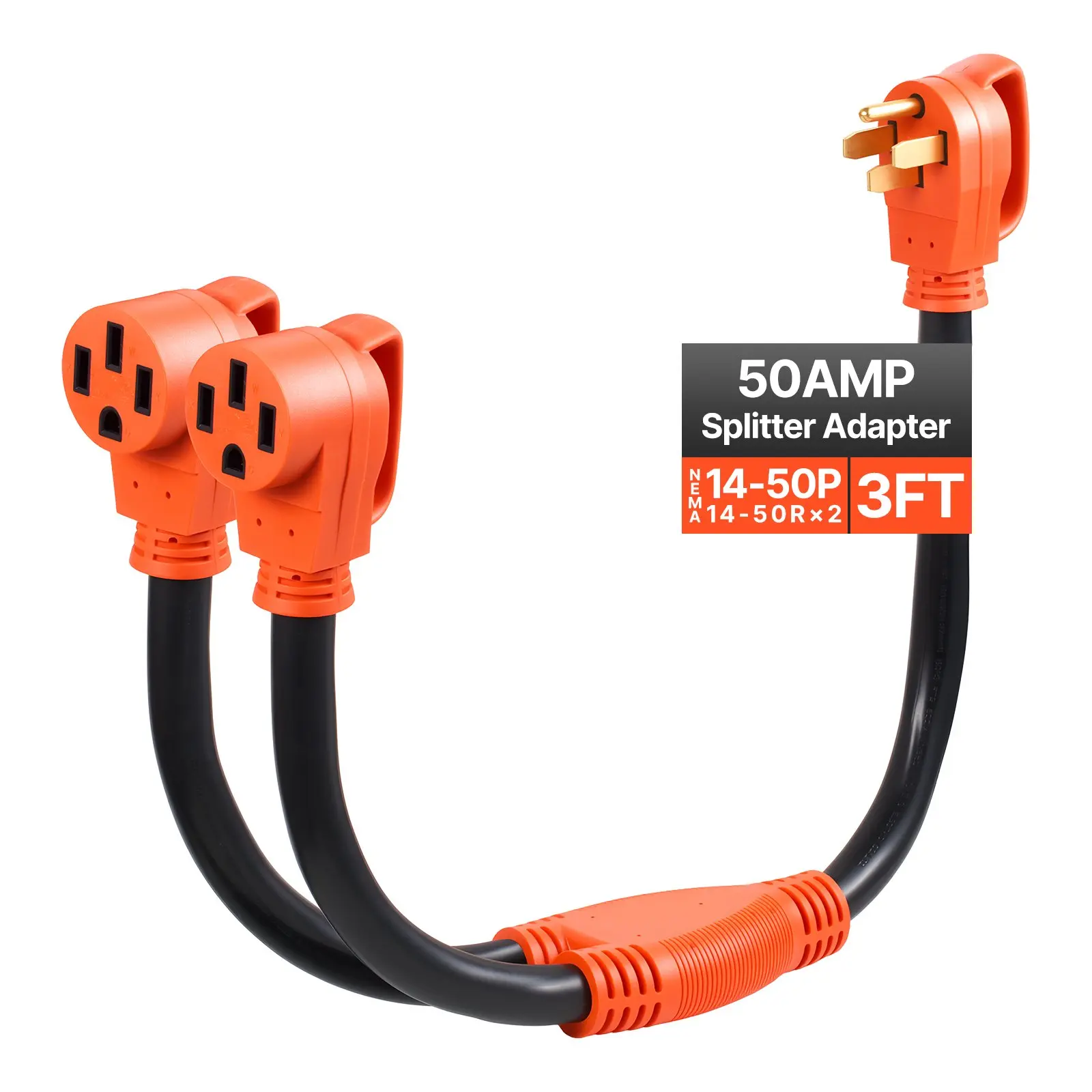 Y Splitter Adapter Cord, 50 Amp NEMA 14-50, 4 Prong 240V Splitter for RV and EV, NEMA 14-50P to Dual 14-50R Outlets with Grip Handle, Heavy Duty 6/3+8/1 STW Wire, Outdoor RV Power Extension Cord