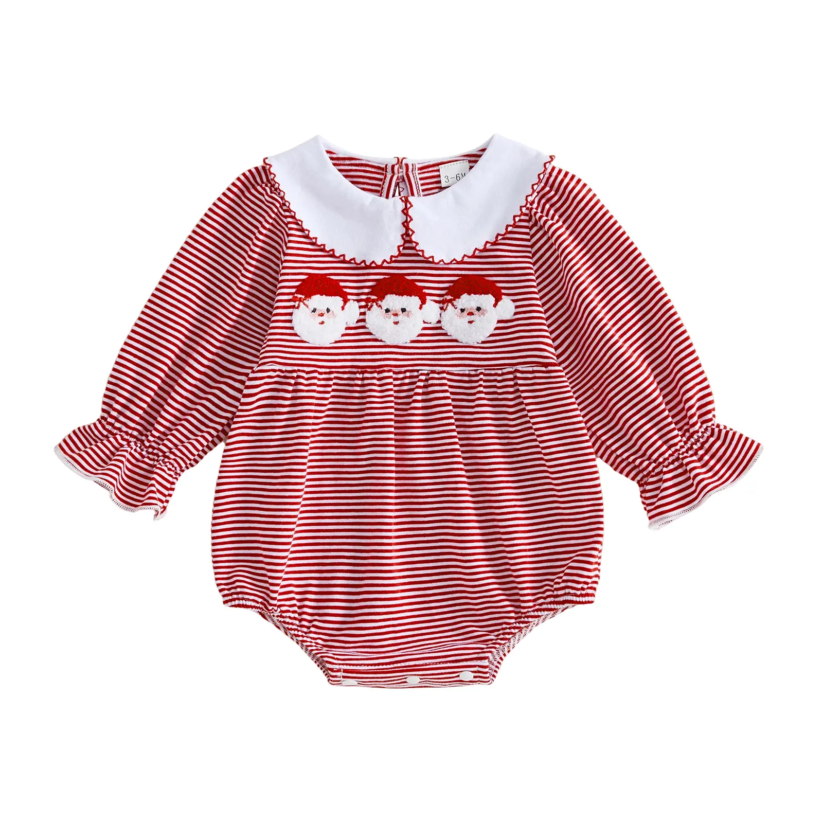 Babamoon Newborn Infant Baby Girl Christmas Bubble Romper Santa Claus Doll Collar Long Sleeve Stripe Jumpsuit Onesie Bodysuit