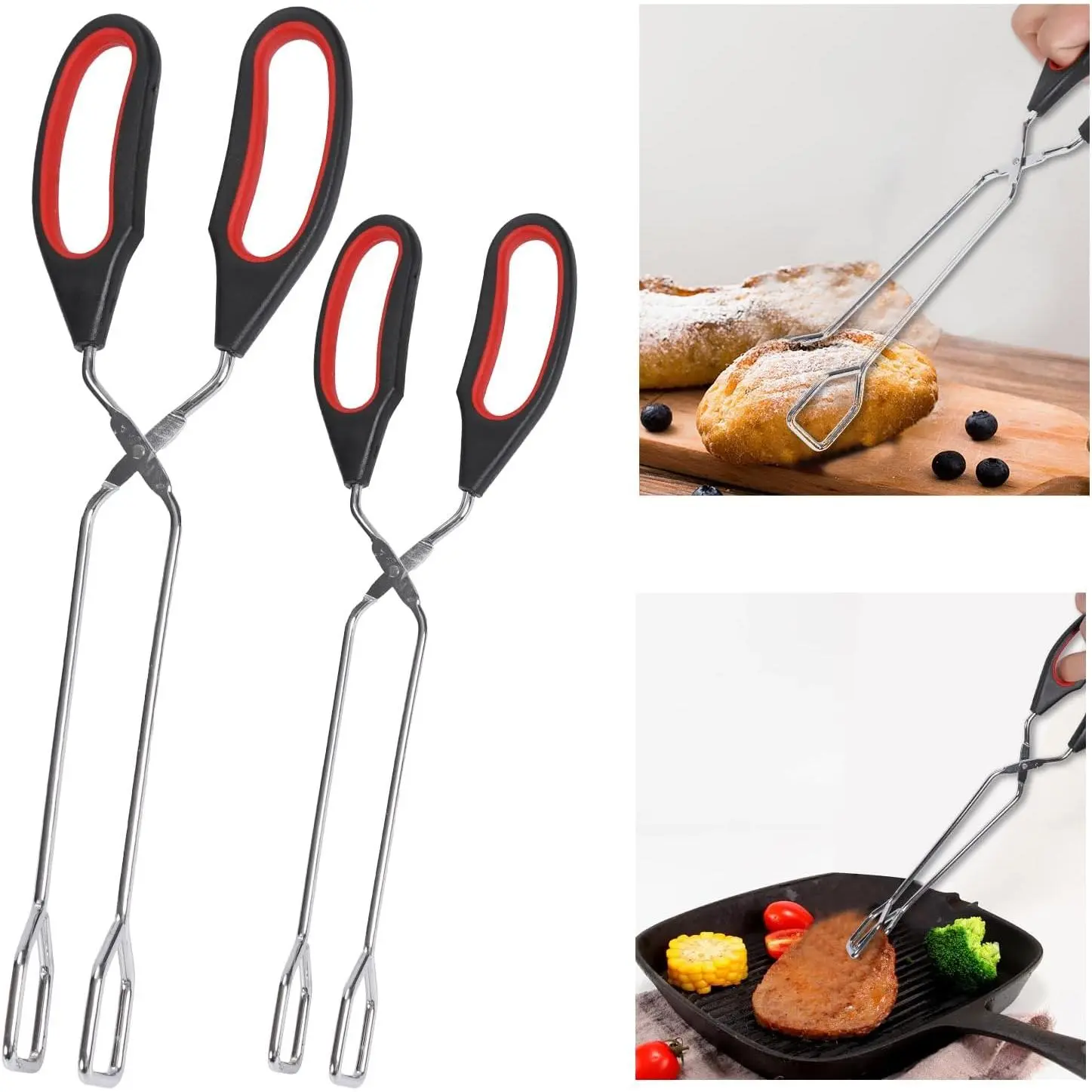 Tongs for Cooking, Set of 2 Heat Resistant Kitchen Scissor Tongs | Stainless Steel, 10-Inch and 12-Inch, For BBQ, , Salad