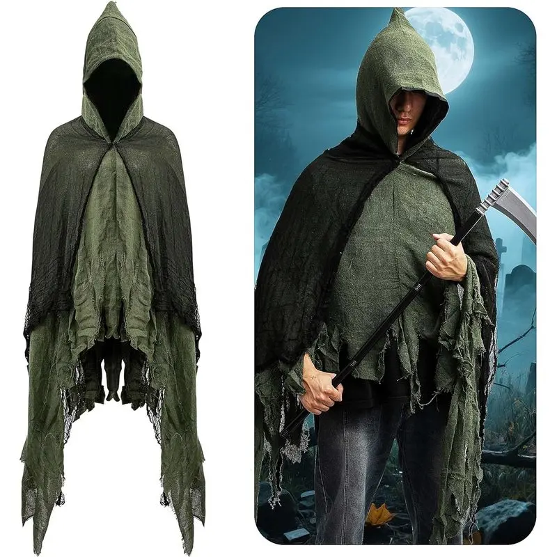 Halloween Hooded Mesh Cloak, Scary Grim Reaper Gauze Cape, Loose Gothic Wizard Robe for Horror Cosplay, Costume Parties & Haunted House Events